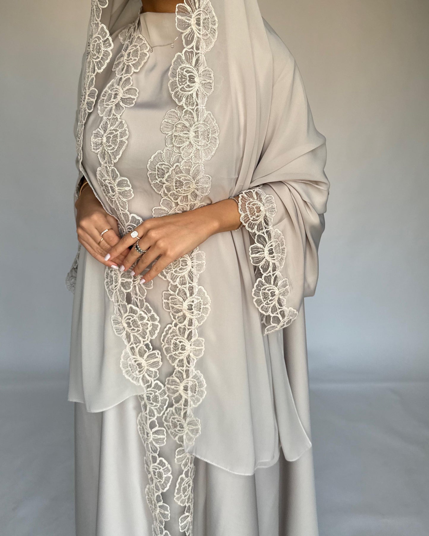 A324 - Beige Lace A-Cut Abaya, Matching Dress & Head Scarf (READY TO SHIP)