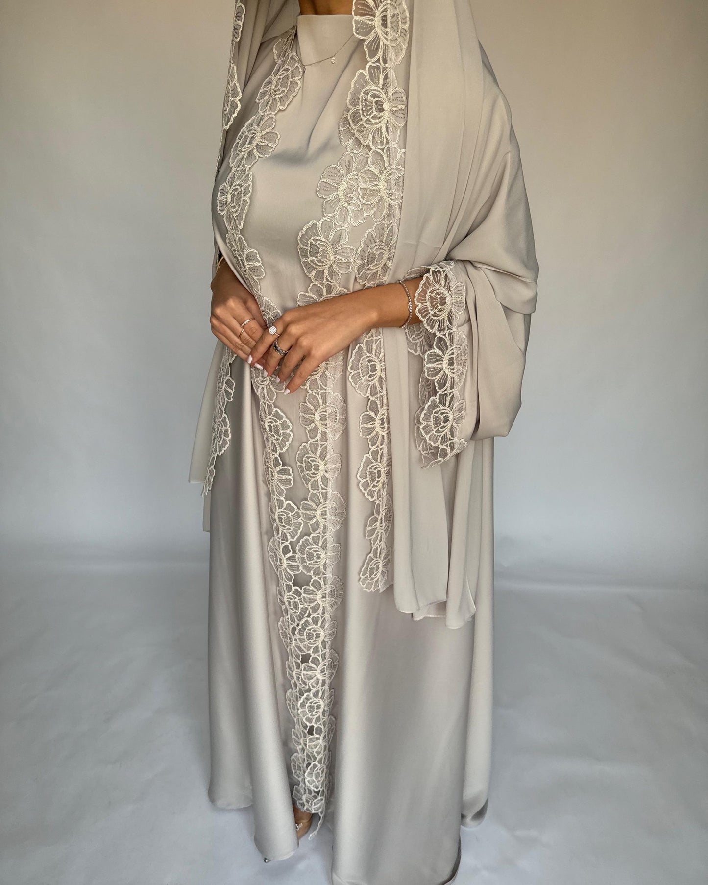 A324 - Beige Lace A-Cut Abaya, Matching Dress & Head Scarf (READY TO SHIP)