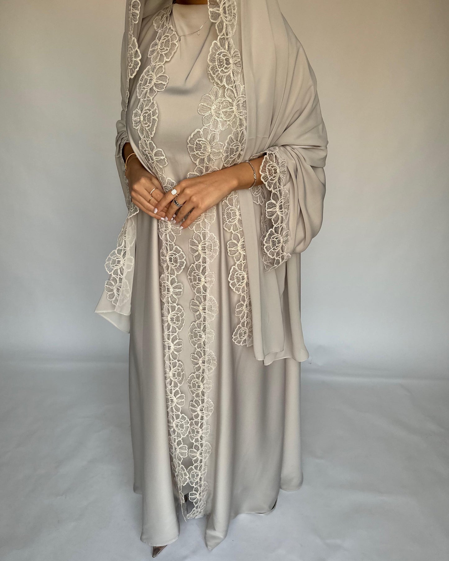 A324 - Beige Lace A-Cut Abaya, Matching Dress & Head Scarf (READY TO SHIP)
