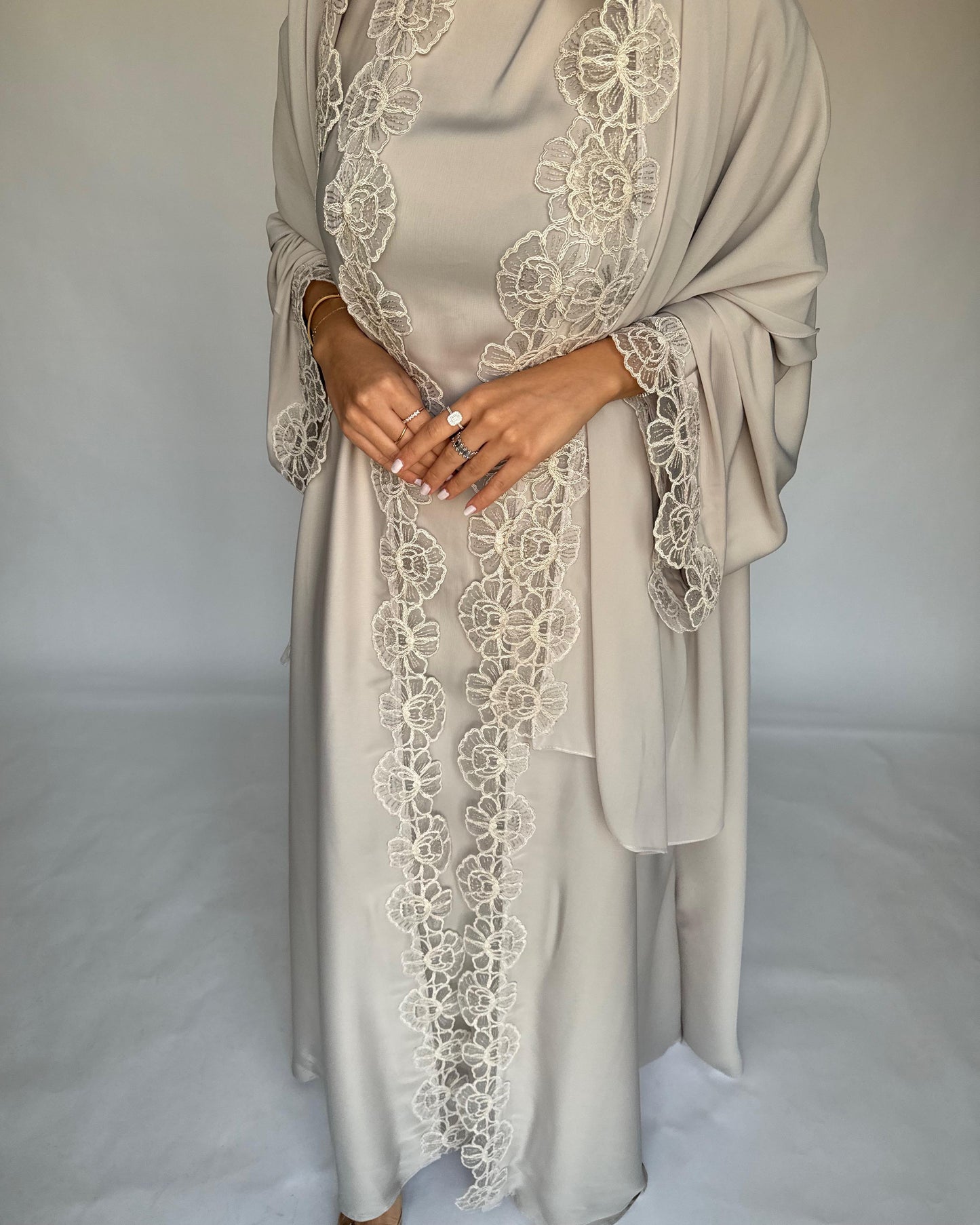 A324 - Beige Lace A-Cut Abaya, Matching Dress & Head Scarf (READY TO SHIP)