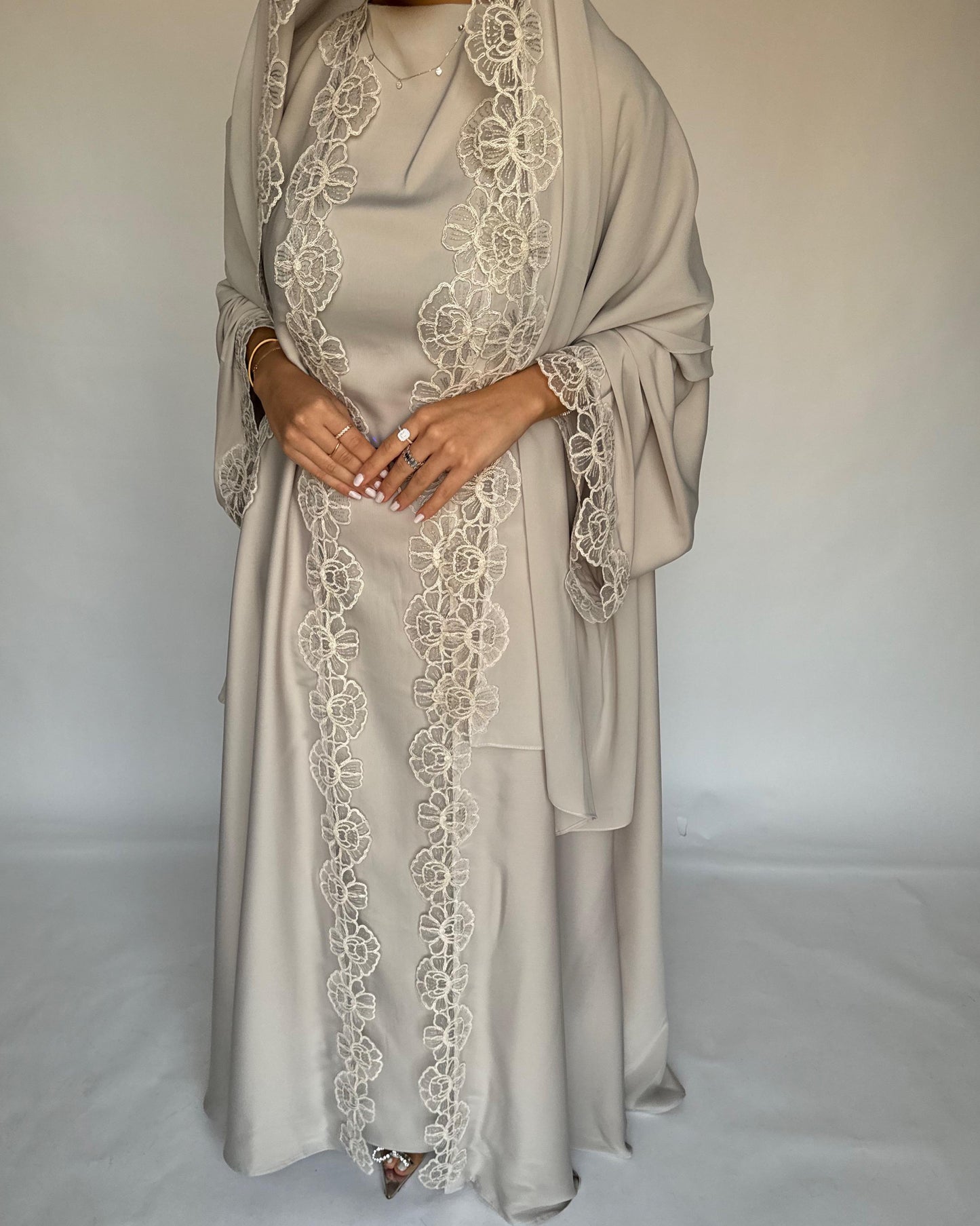 A324 - Beige Lace A-Cut Abaya, Matching Dress & Head Scarf (READY TO SHIP)