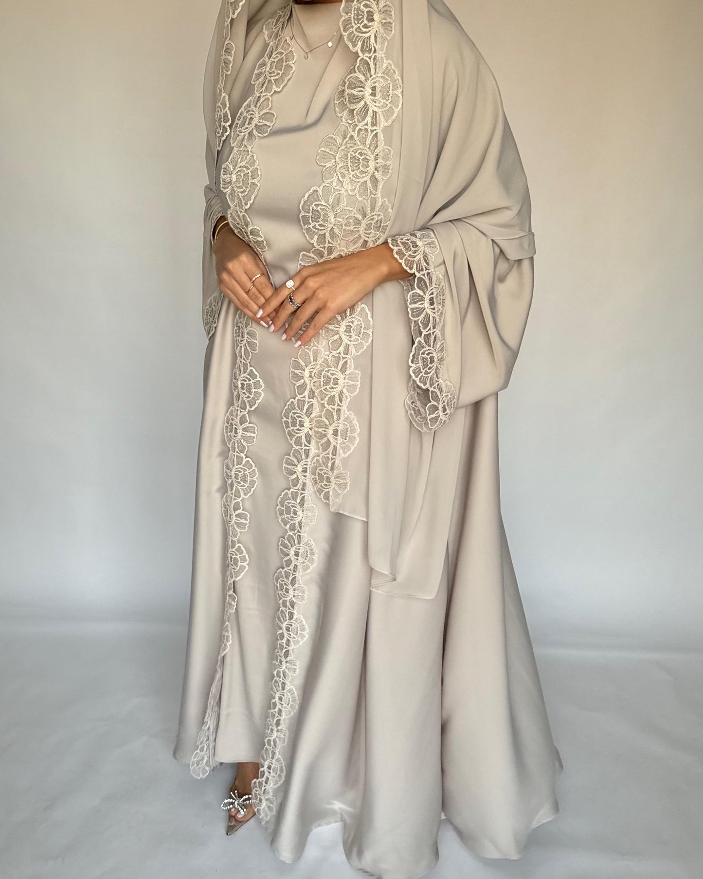 A324 - Beige Lace A-Cut Abaya, Matching Dress & Head Scarf (READY TO SHIP)