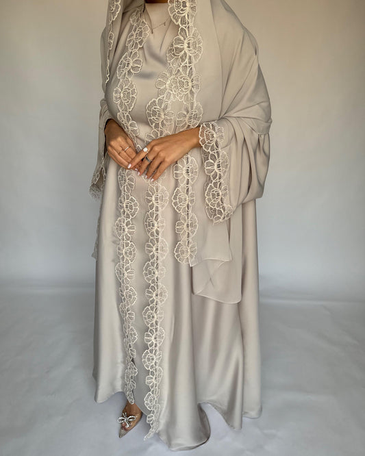 A324 - Beige Lace A-Cut Abaya, Matching Dress & Head Scarf (READY TO SHIP)