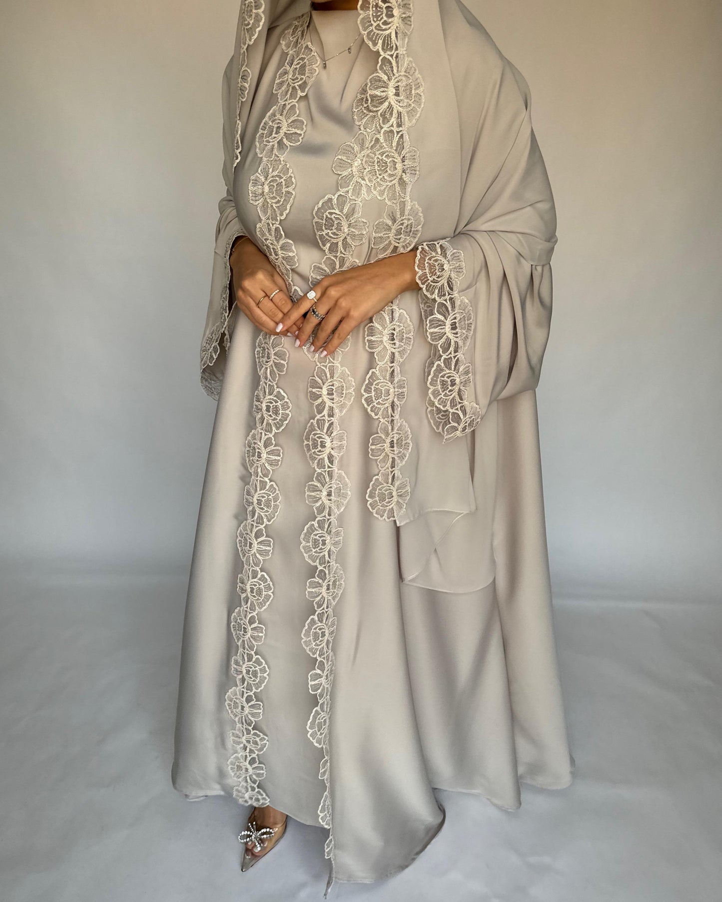 A324 - Beige Lace A-Cut Abaya, Matching Dress & Head Scarf (READY TO SHIP)