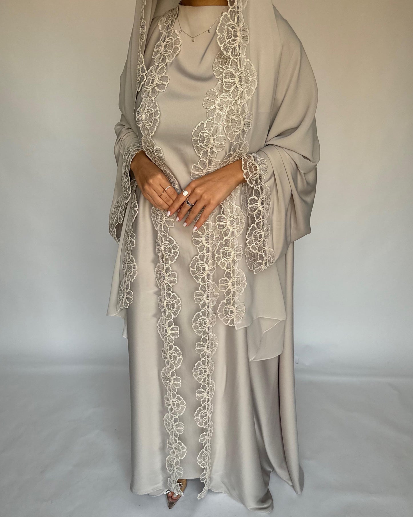 A324 - Beige Lace A-Cut Abaya, Matching Dress & Head Scarf (READY TO SHIP)