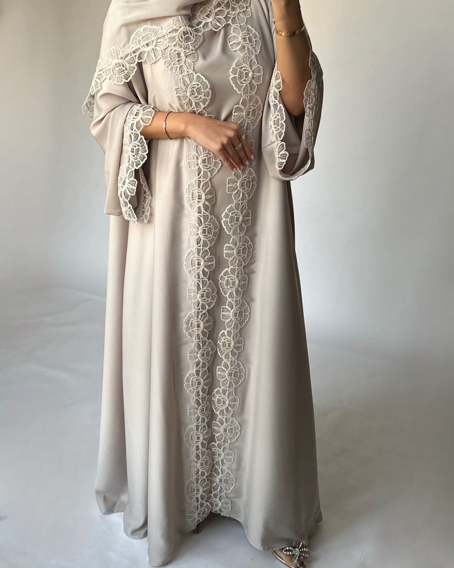 A324 - Beige Lace A-Cut Abaya, Matching Dress & Head Scarf (READY TO SHIP)