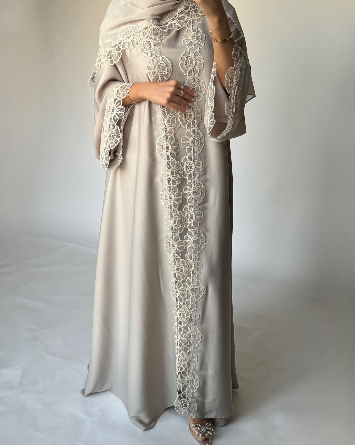 A324 - Beige Lace A-Cut Abaya, Matching Dress & Head Scarf (READY TO SHIP)