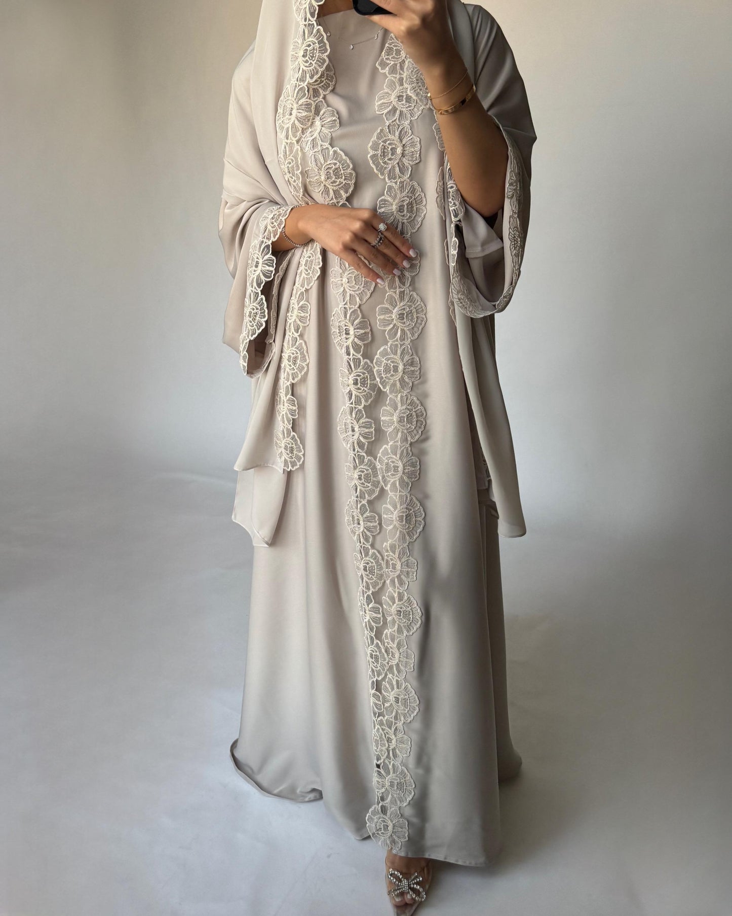 A324 - Beige Lace A-Cut Abaya, Matching Dress & Head Scarf (READY TO SHIP)