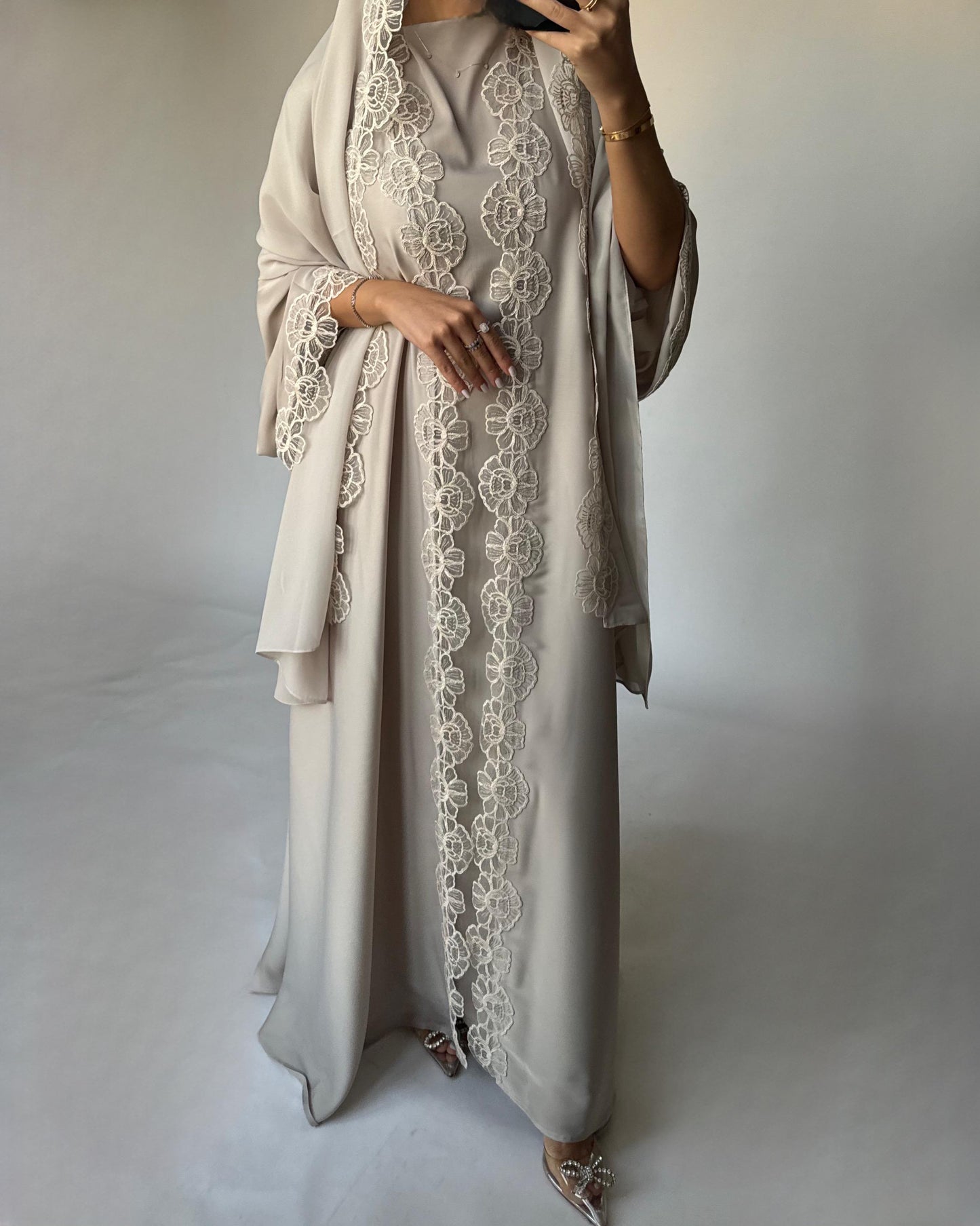 A324 - Beige Lace A-Cut Abaya, Matching Dress & Head Scarf (READY TO SHIP)