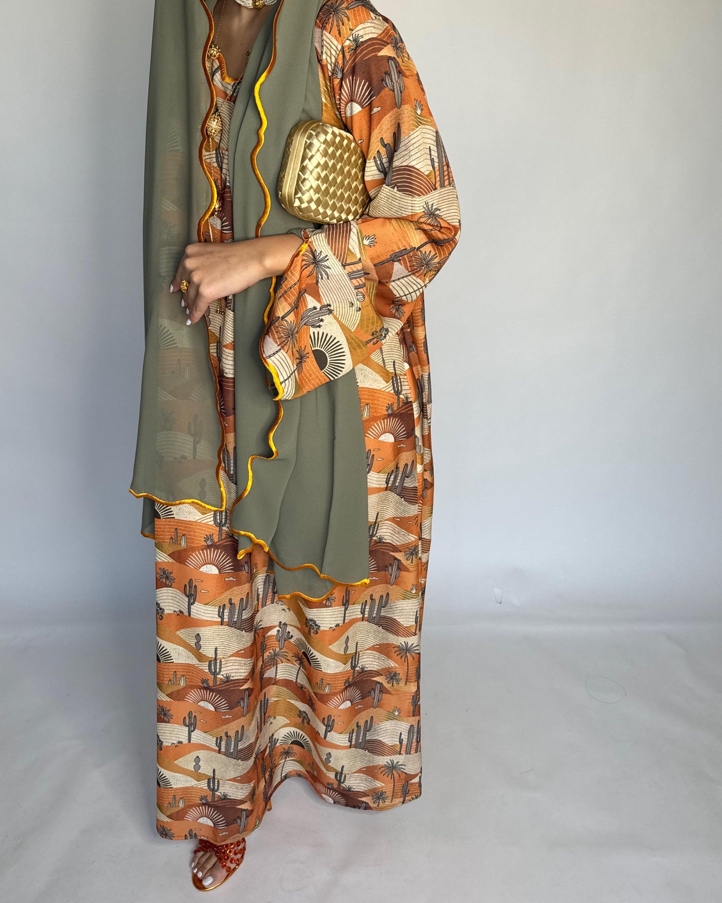 A328 - Orange & Green Cactus Pattern Jalabiya and Head Scarf