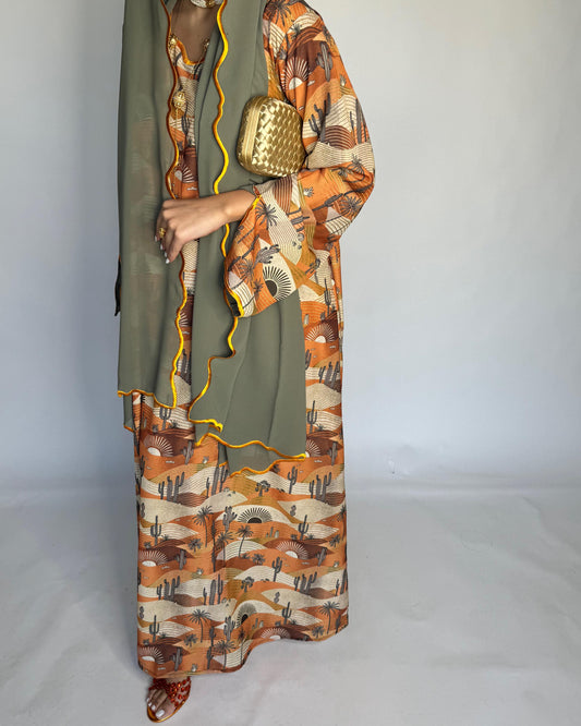 A328 - Orange & Green Cactus Pattern Jalabiya and Head Scarf