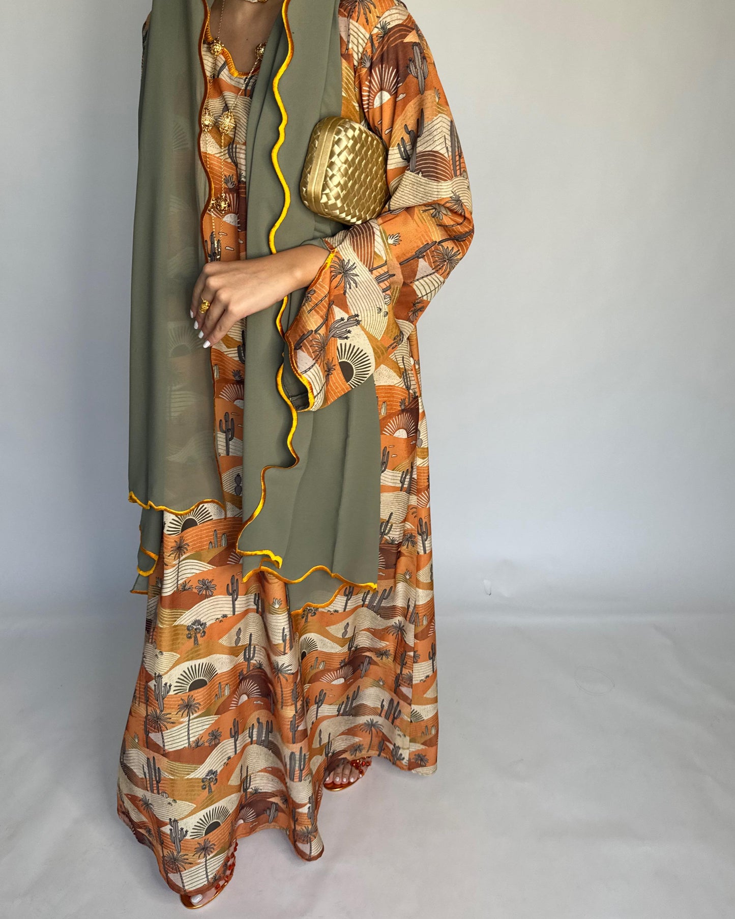 A328 - Orange & Green Cactus Pattern Jalabiya and Head Scarf