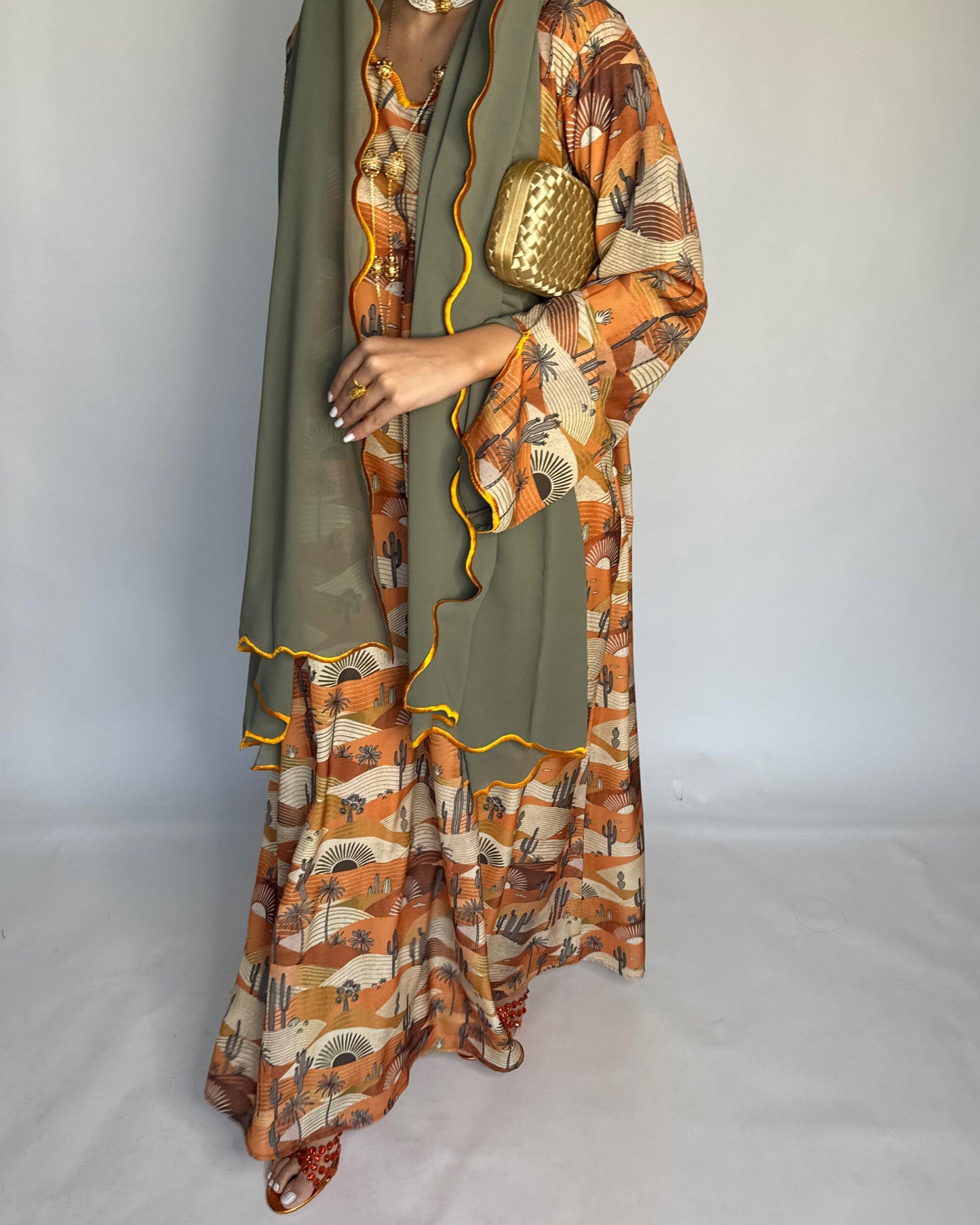 A328 - Orange & Green Cactus Pattern Jalabiya and Head Scarf