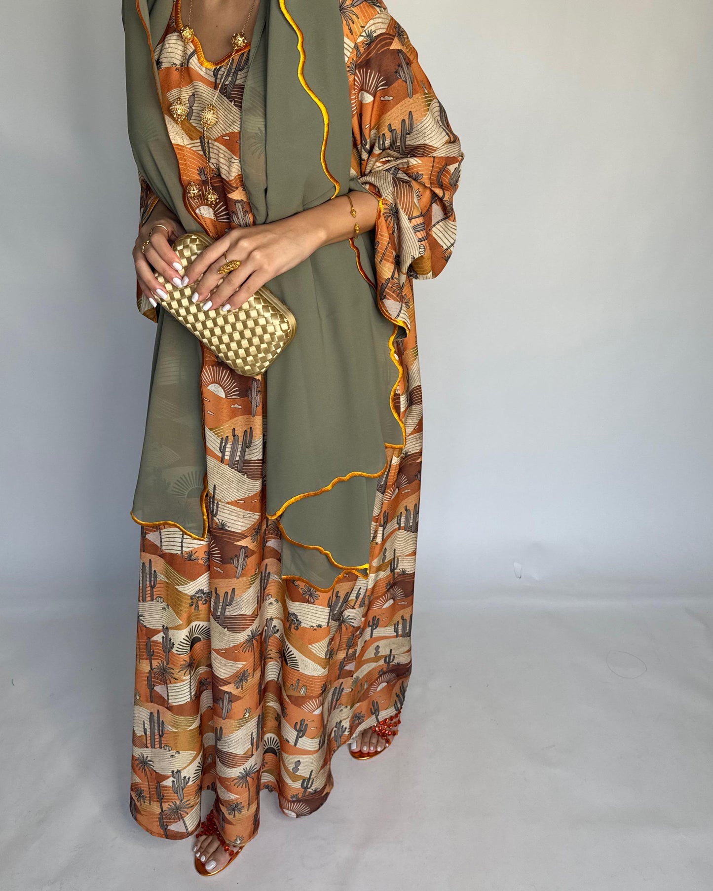 A328 - Orange & Green Cactus Pattern Jalabiya and Head Scarf
