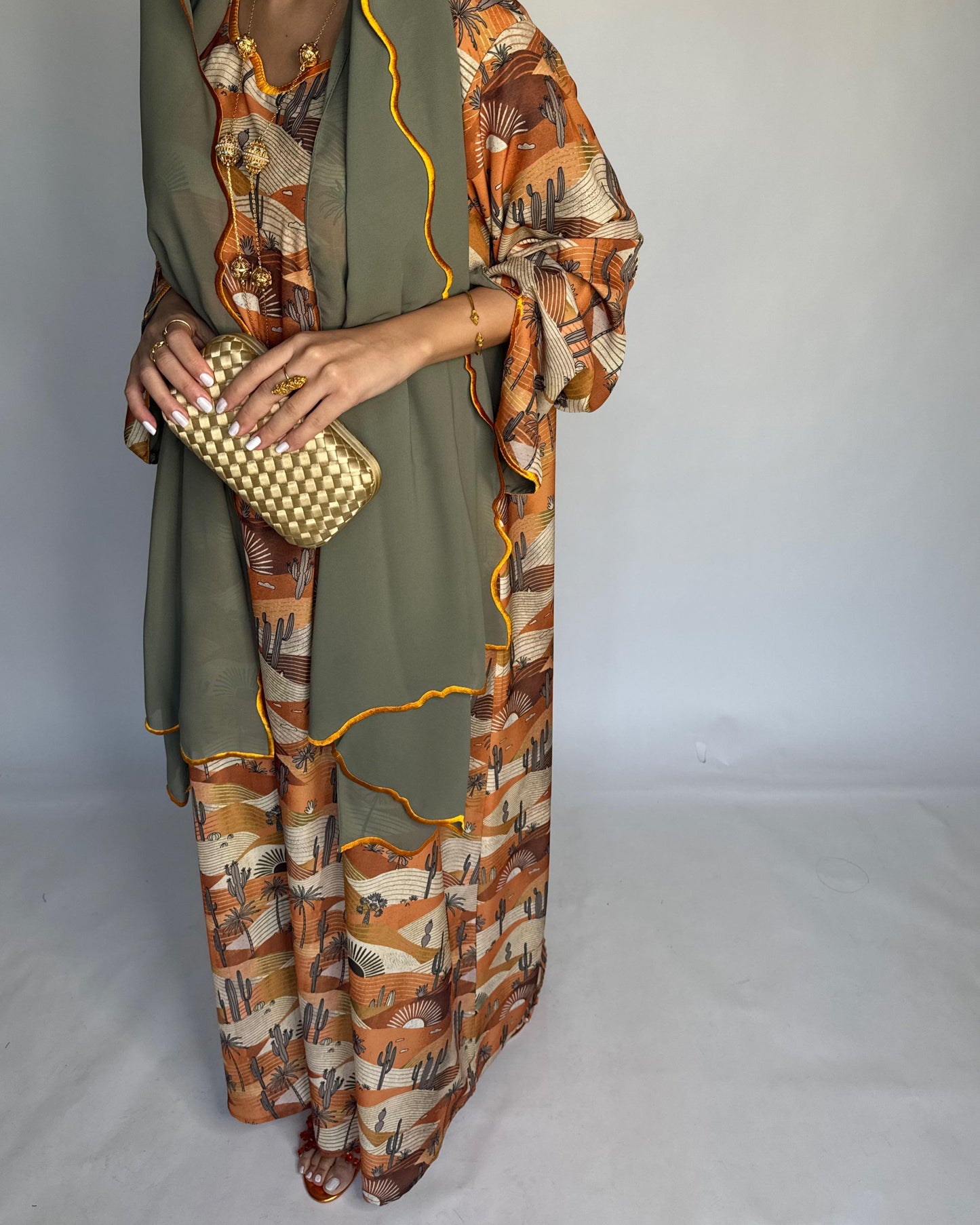 A328 - Orange & Green Cactus Pattern Jalabiya and Head Scarf