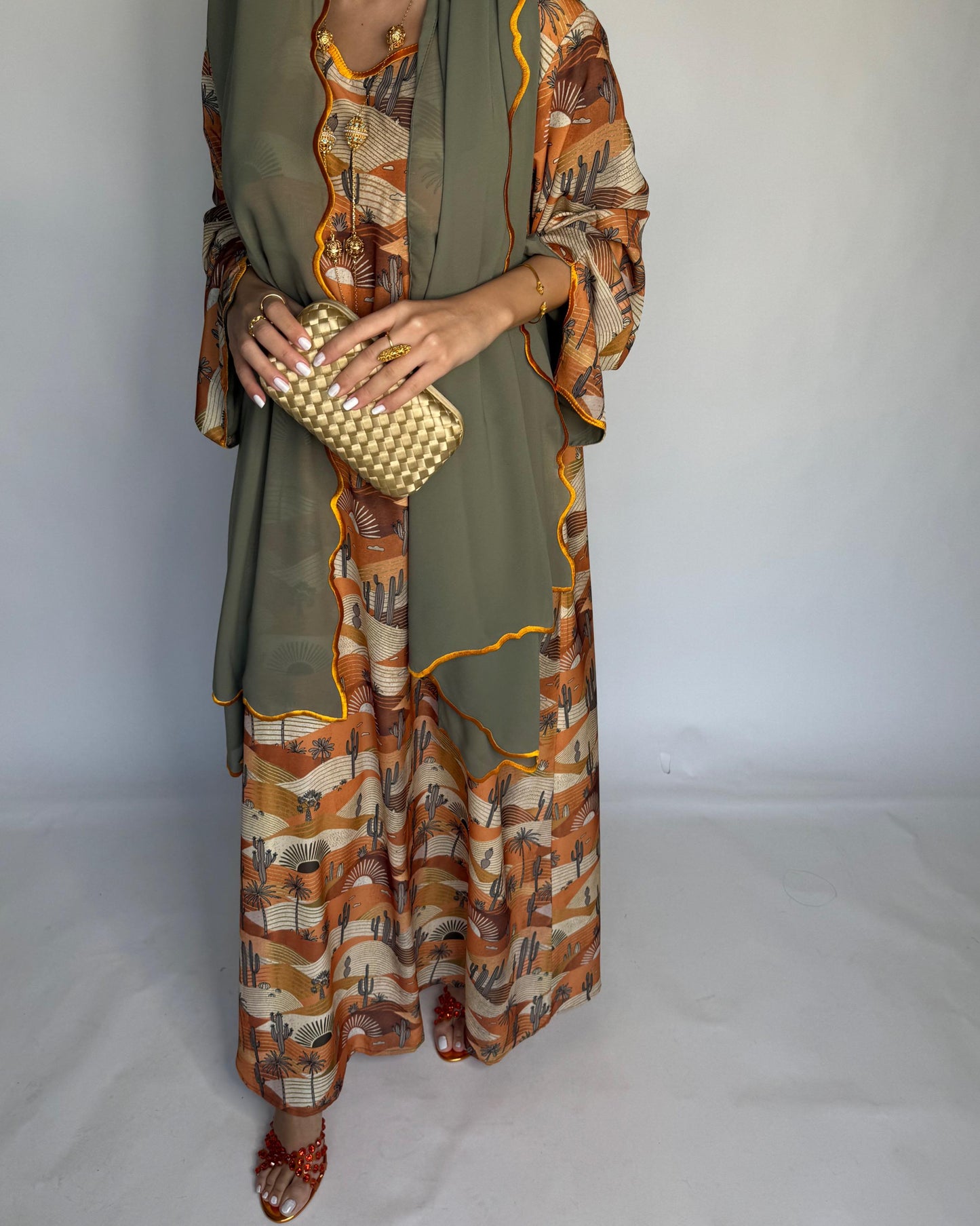 A328 - Orange & Green Cactus Pattern Jalabiya and Head Scarf