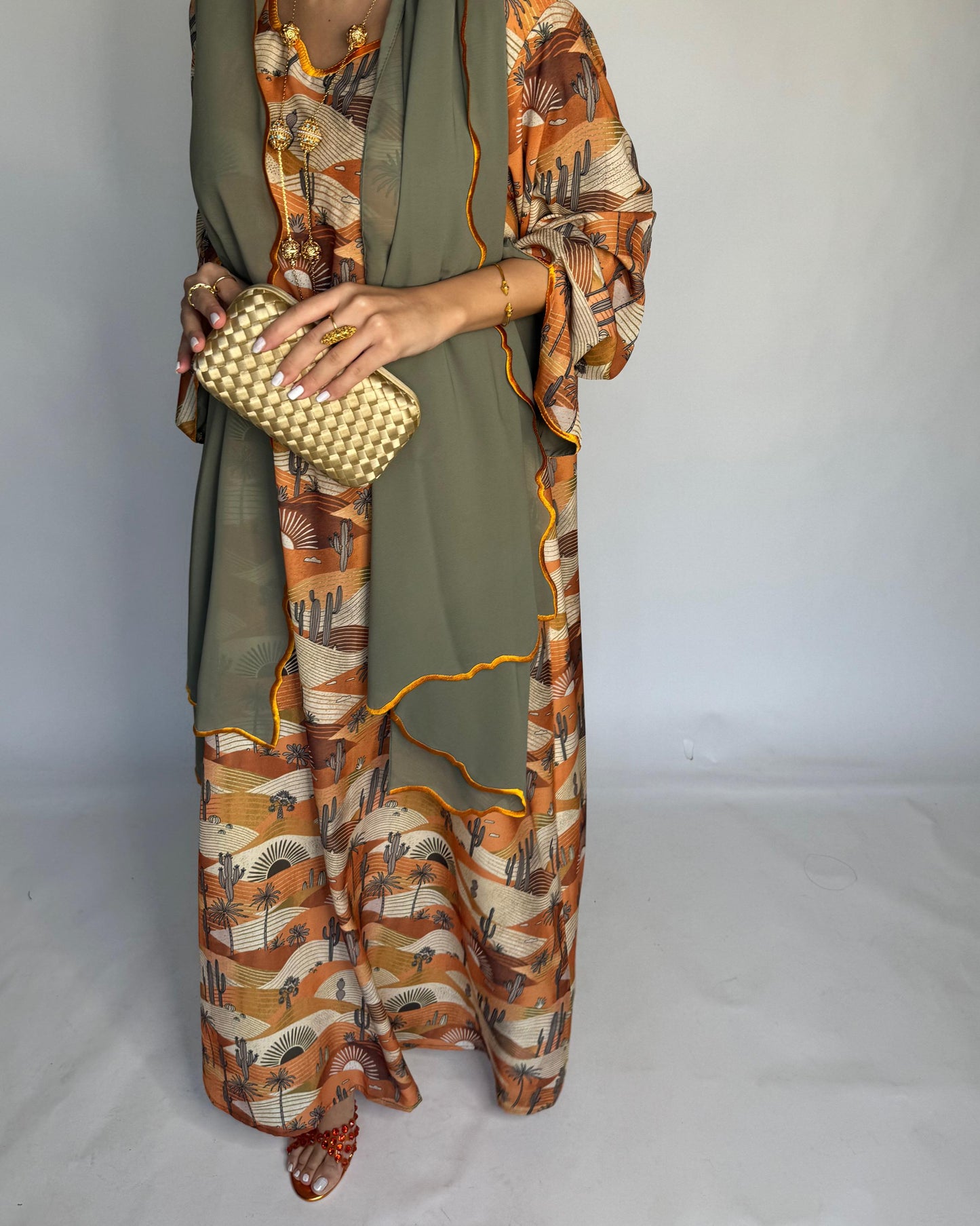 A328 - Orange & Green Cactus Pattern Jalabiya and Head Scarf
