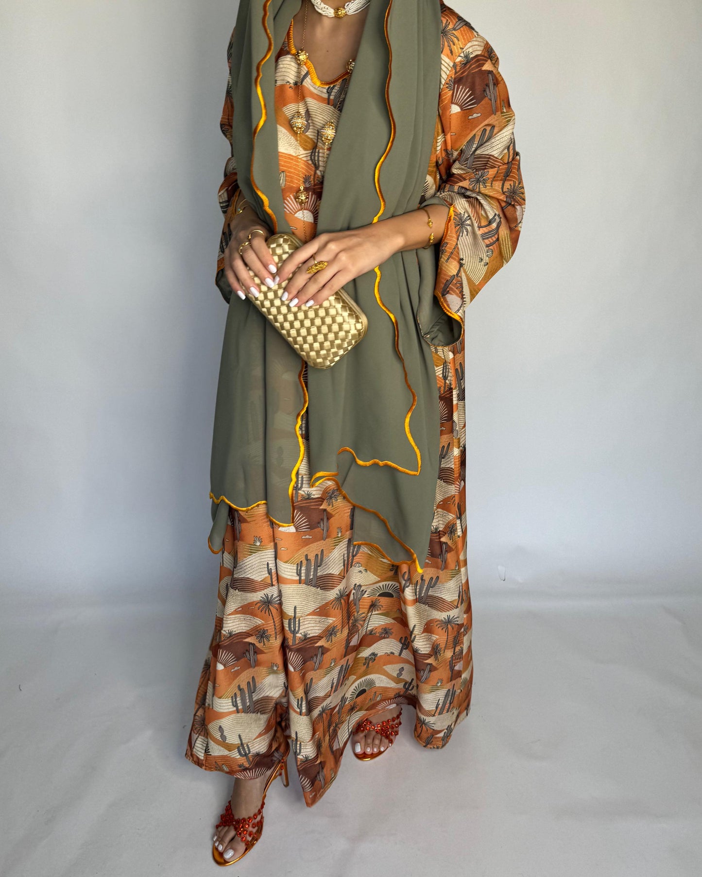 A328 - Orange & Green Cactus Pattern Jalabiya and Head Scarf