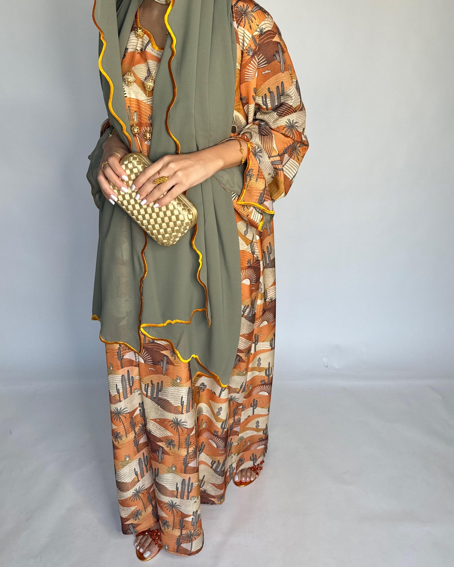 A328 - Orange & Green Cactus Pattern Jalabiya and Head Scarf