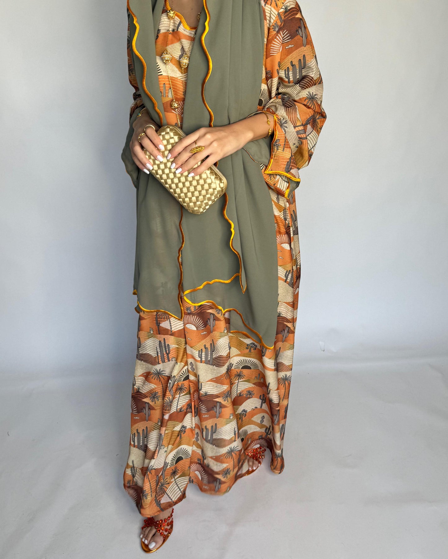 A328 - Orange & Green Cactus Pattern Jalabiya and Head Scarf