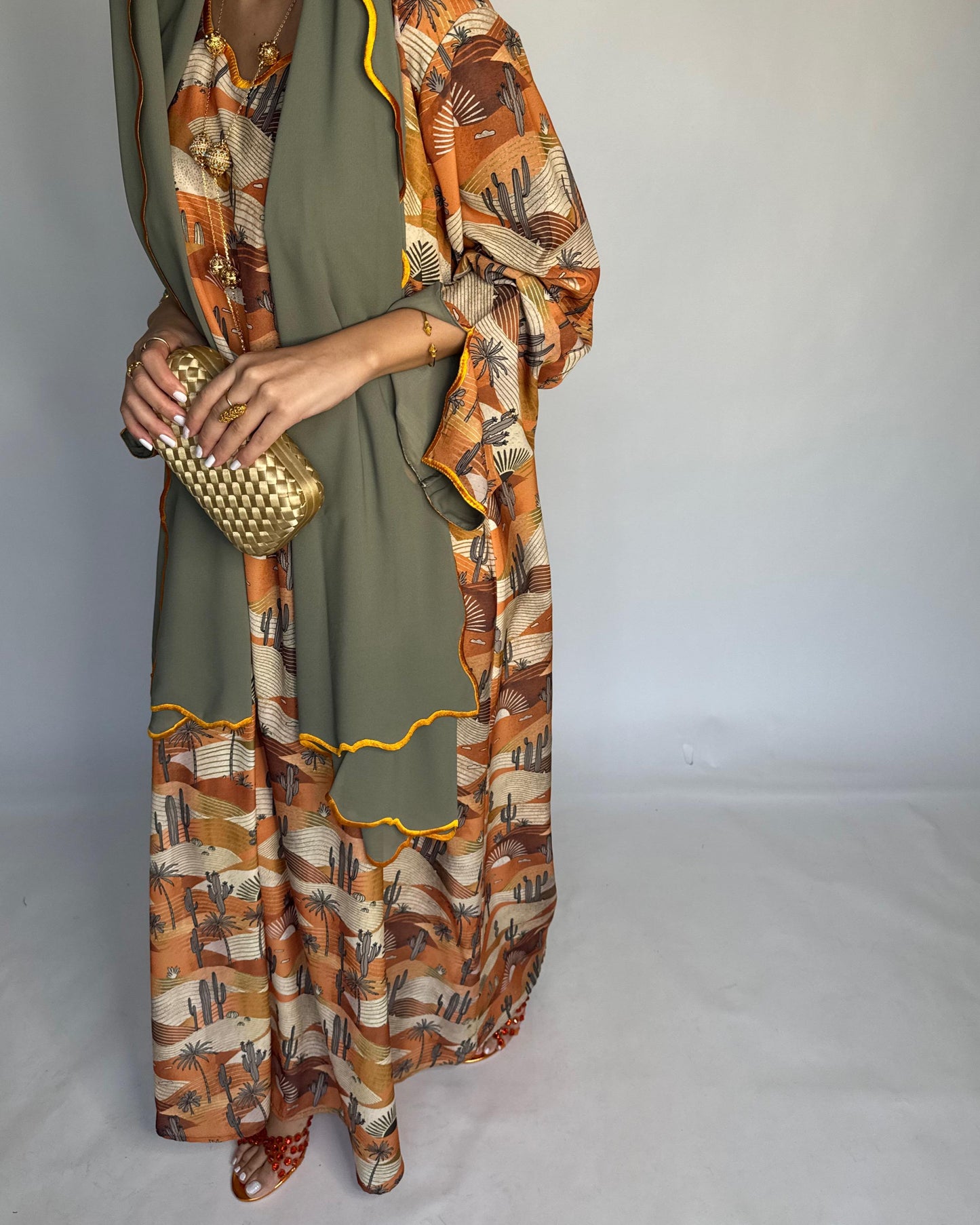 A328 - Orange & Green Cactus Pattern Jalabiya and Head Scarf