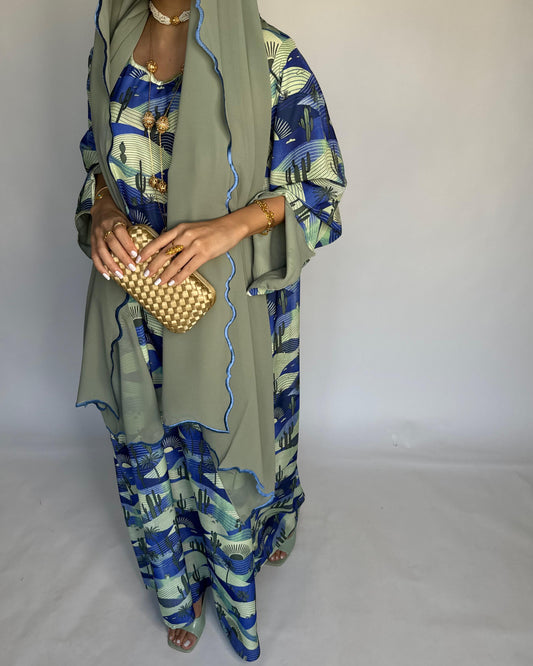 A327 -  Blue & Green Cactus Pattern Jalabiya and Head Scarf