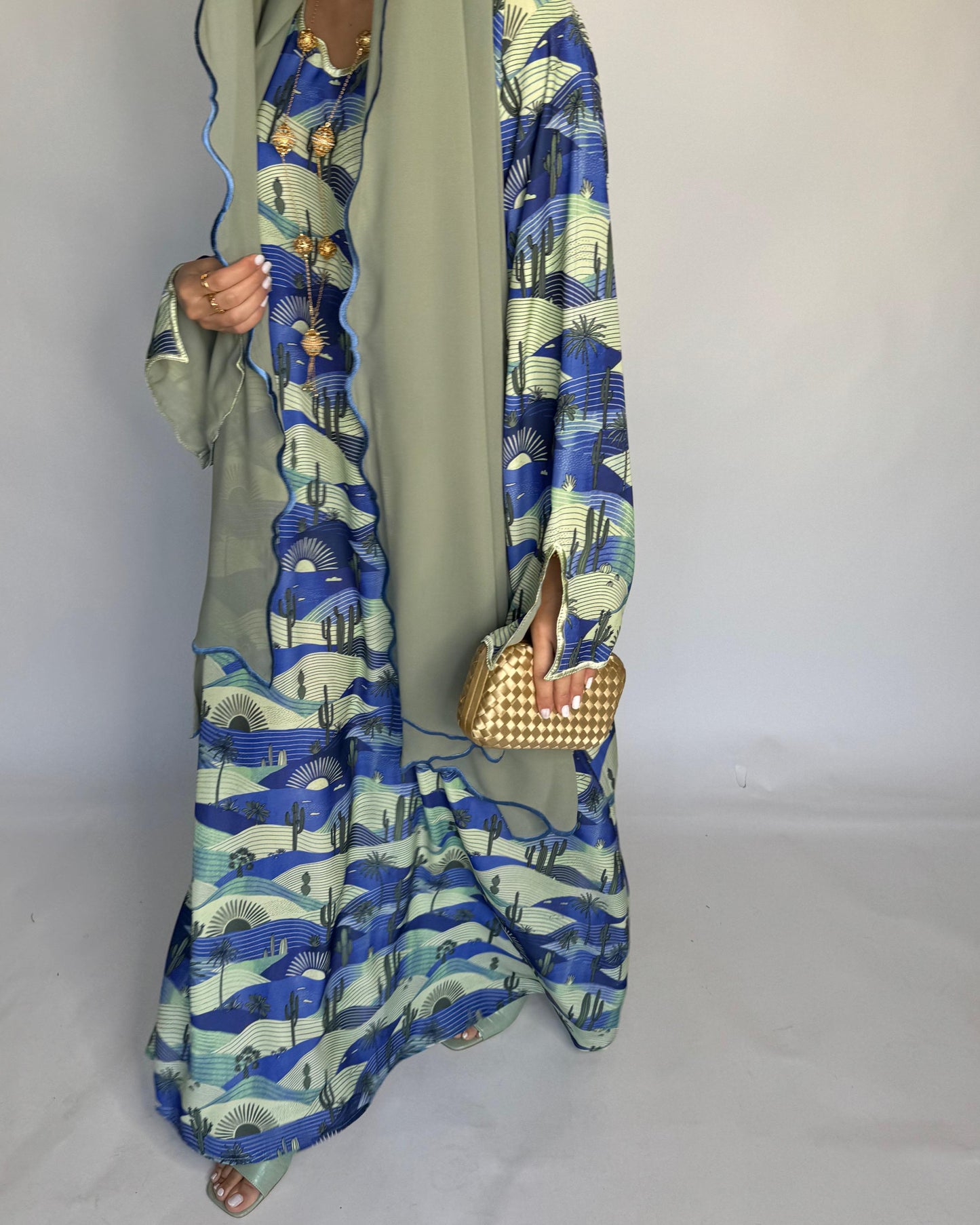A327 -  Blue & Green Cactus Pattern Jalabiya and Head Scarf