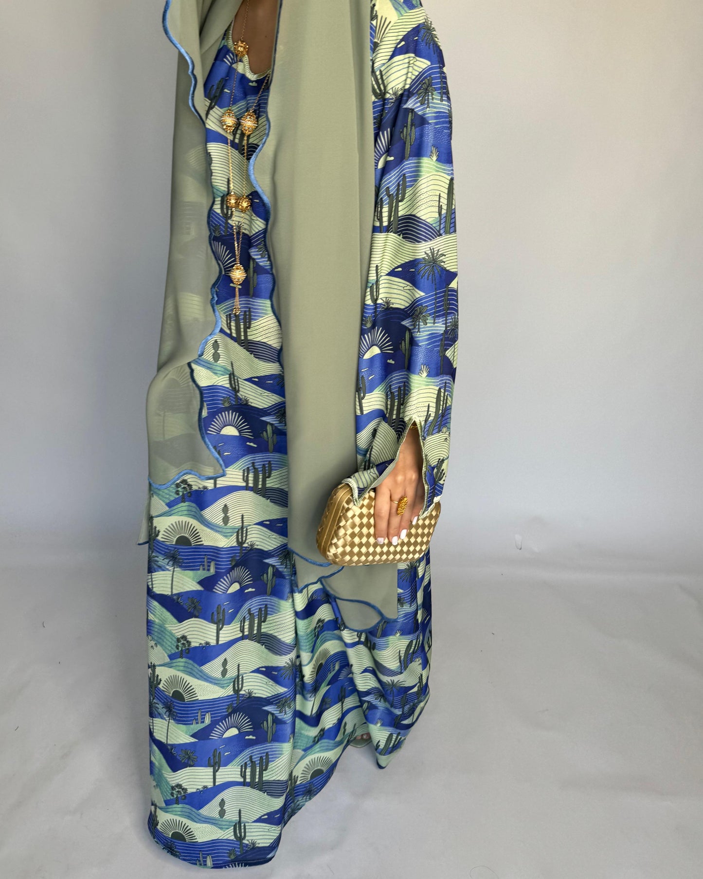 A327 -  Blue & Green Cactus Pattern Jalabiya and Head Scarf