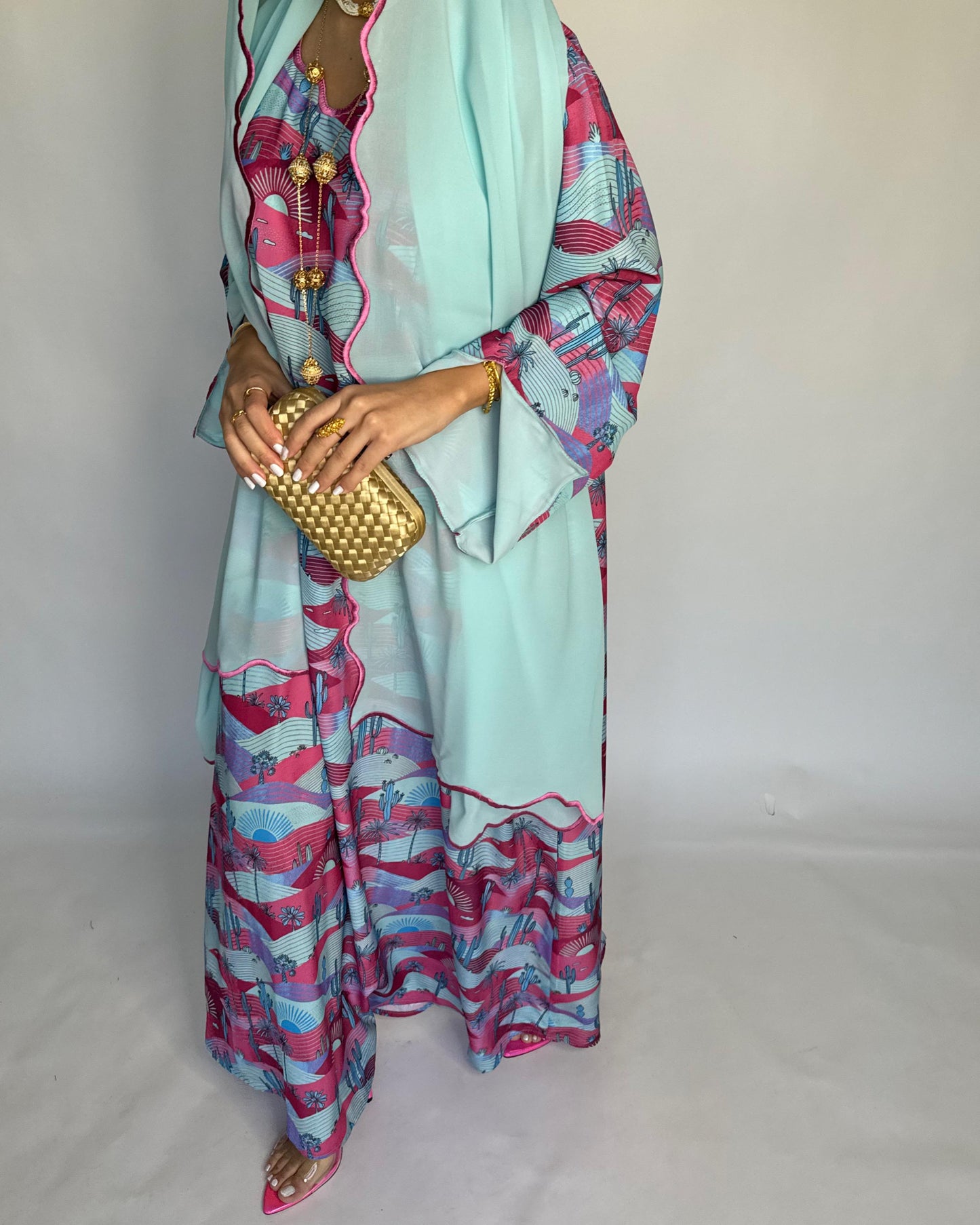 A326 -  Baby Blue & Pink Cactus Pattern Jalabiya and Head Scarf