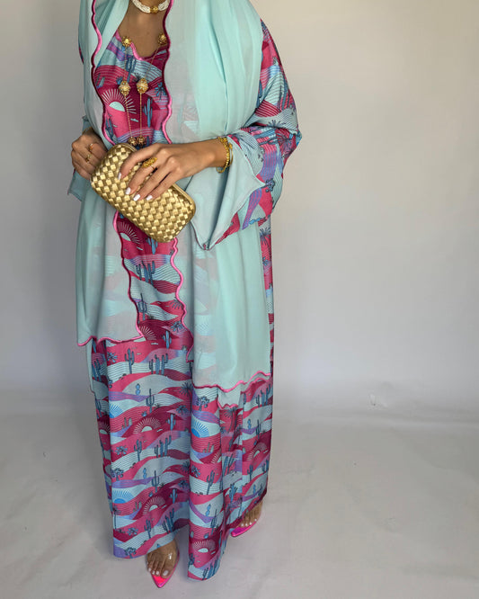 A326 -  Baby Blue & Pink Cactus Pattern Jalabiya and Head Scarf