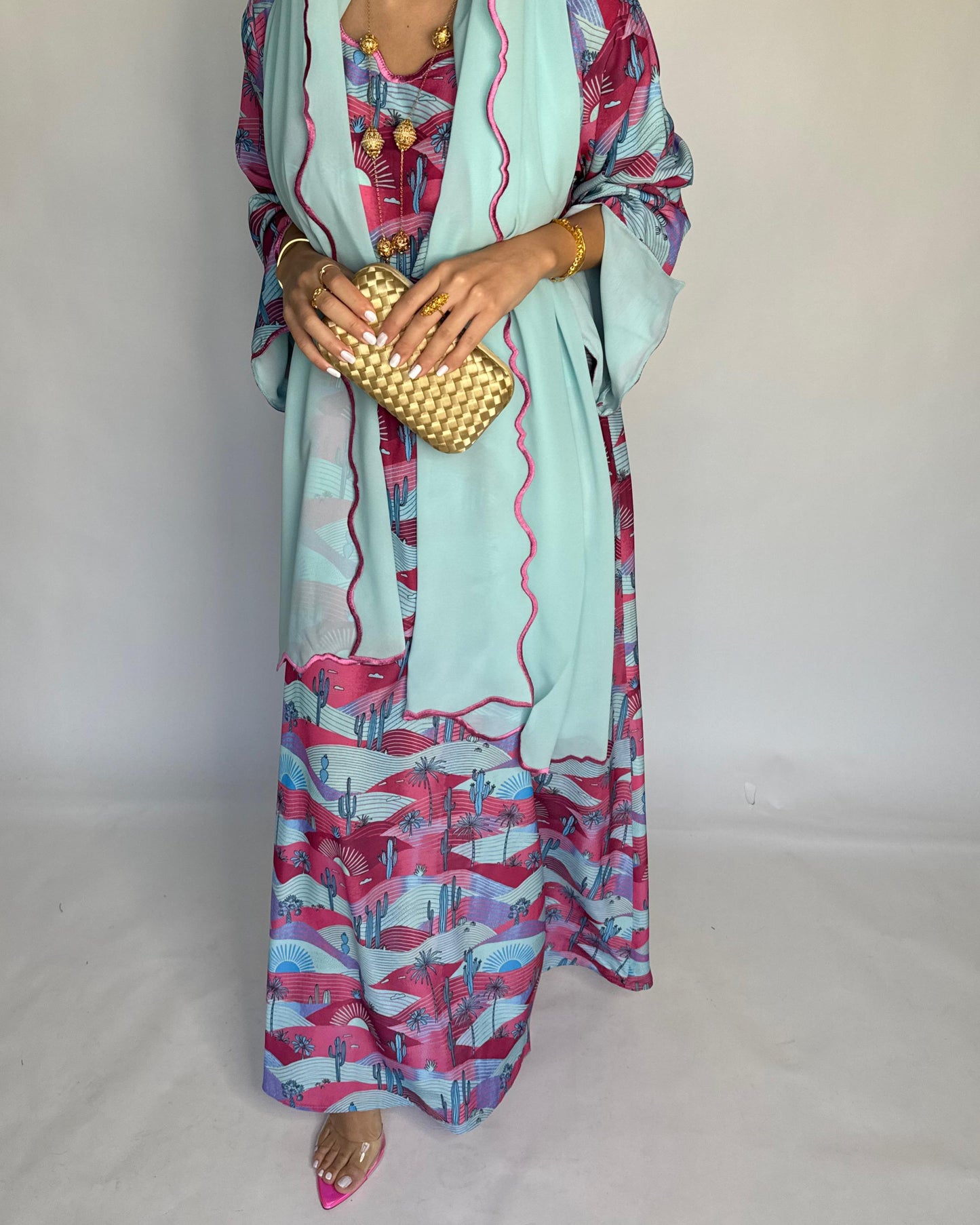 A326 -  Baby Blue & Pink Cactus Pattern Jalabiya and Head Scarf