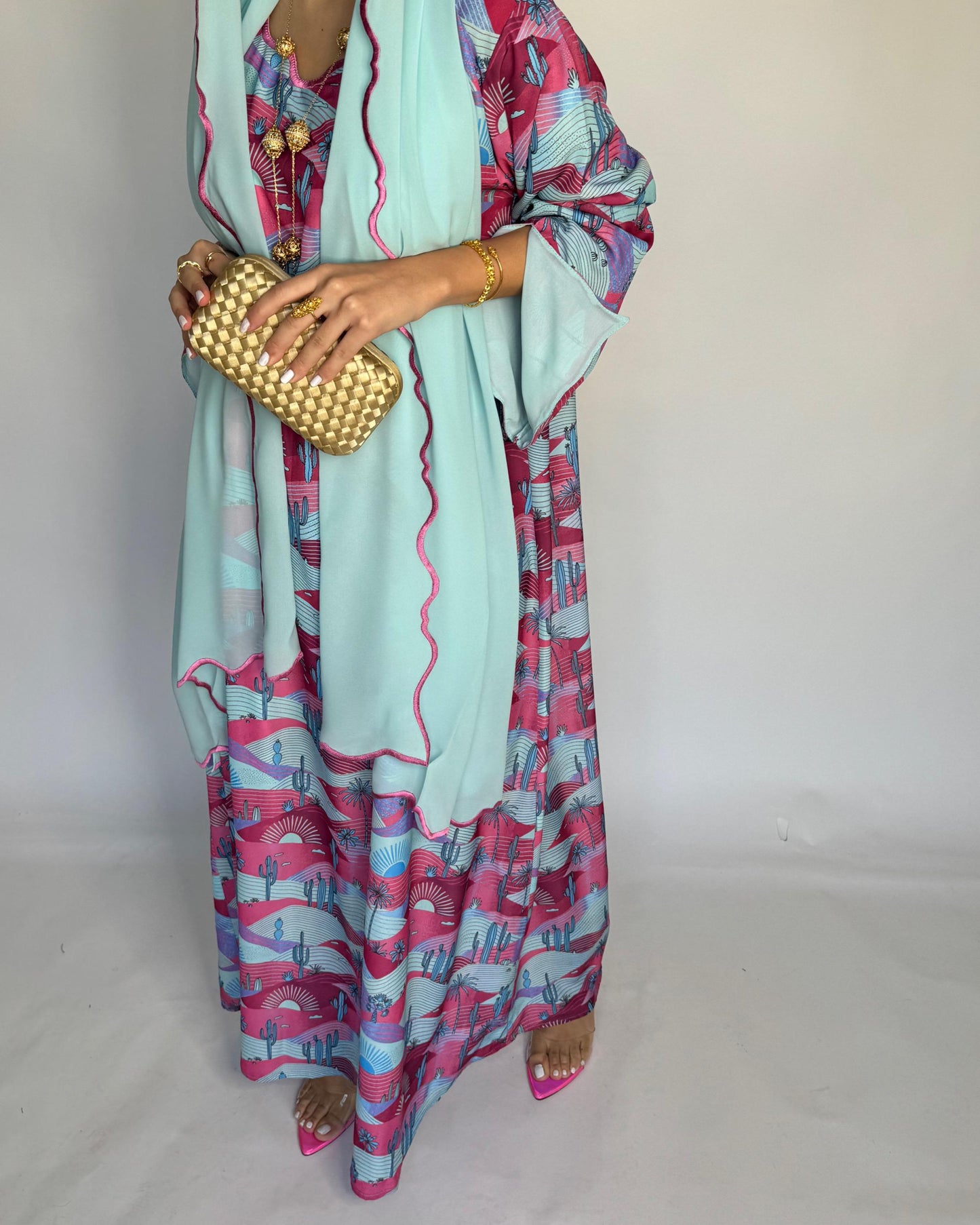 A326 -  Baby Blue & Pink Cactus Pattern Jalabiya and Head Scarf