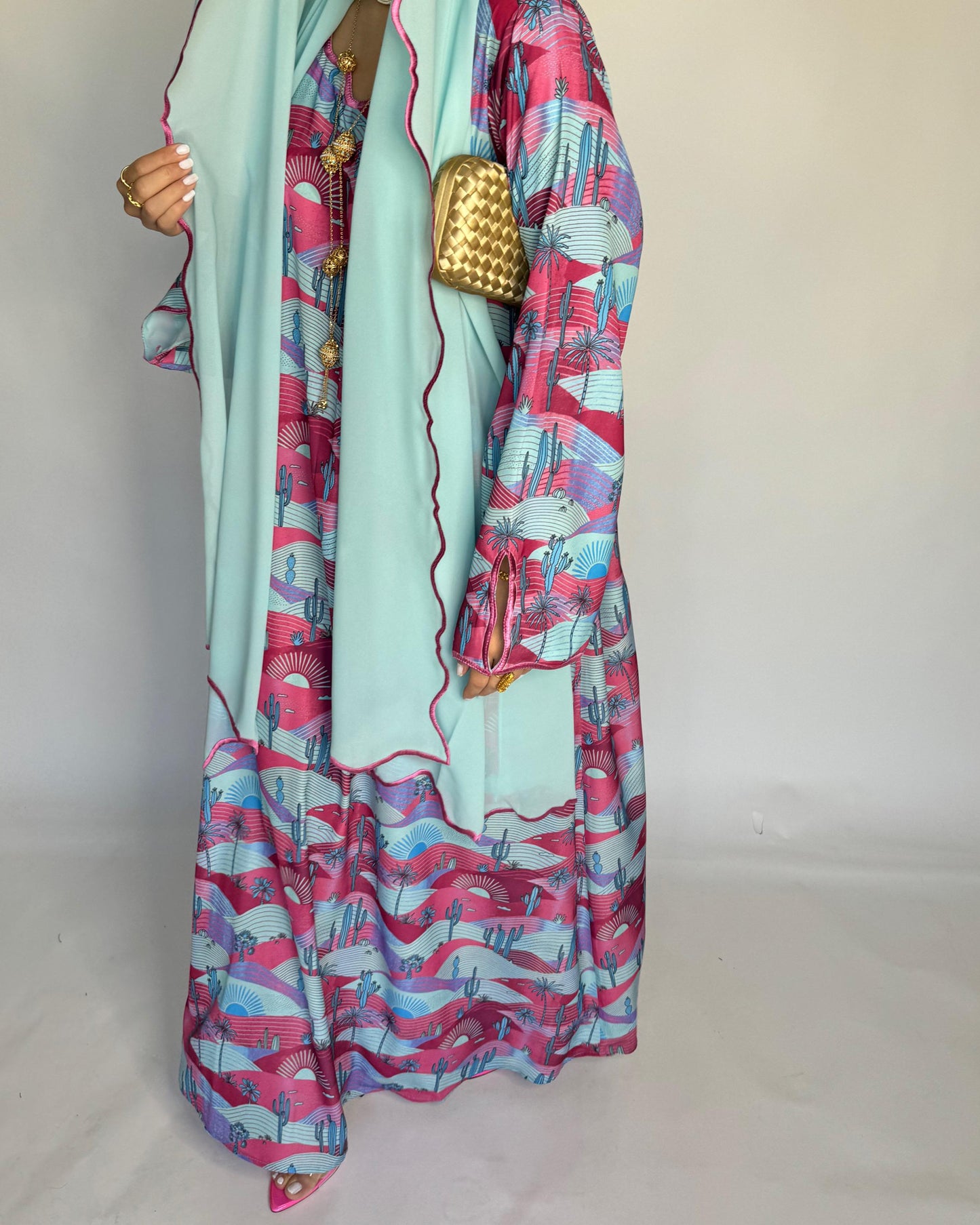A326 -  Baby Blue & Pink Cactus Pattern Jalabiya and Head Scarf