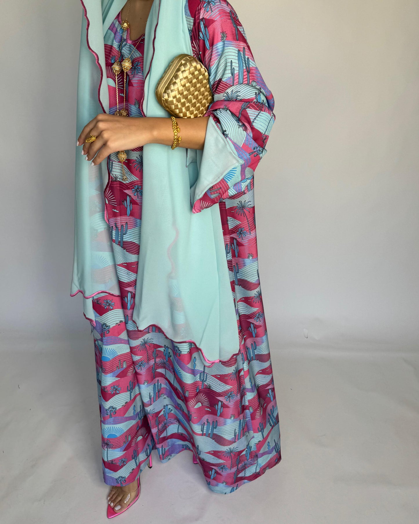 A326 -  Baby Blue & Pink Cactus Pattern Jalabiya and Head Scarf