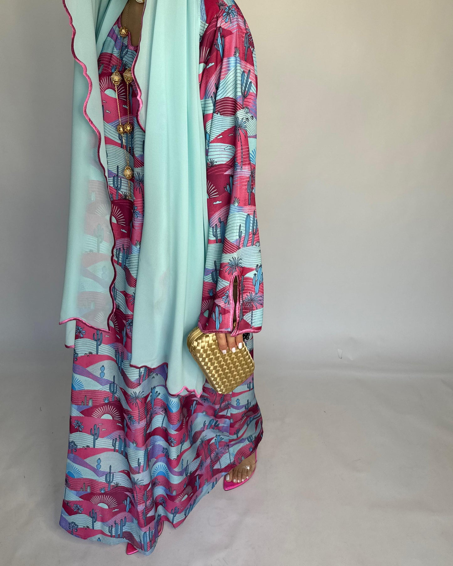 A326 -  Baby Blue & Pink Cactus Pattern Jalabiya and Head Scarf