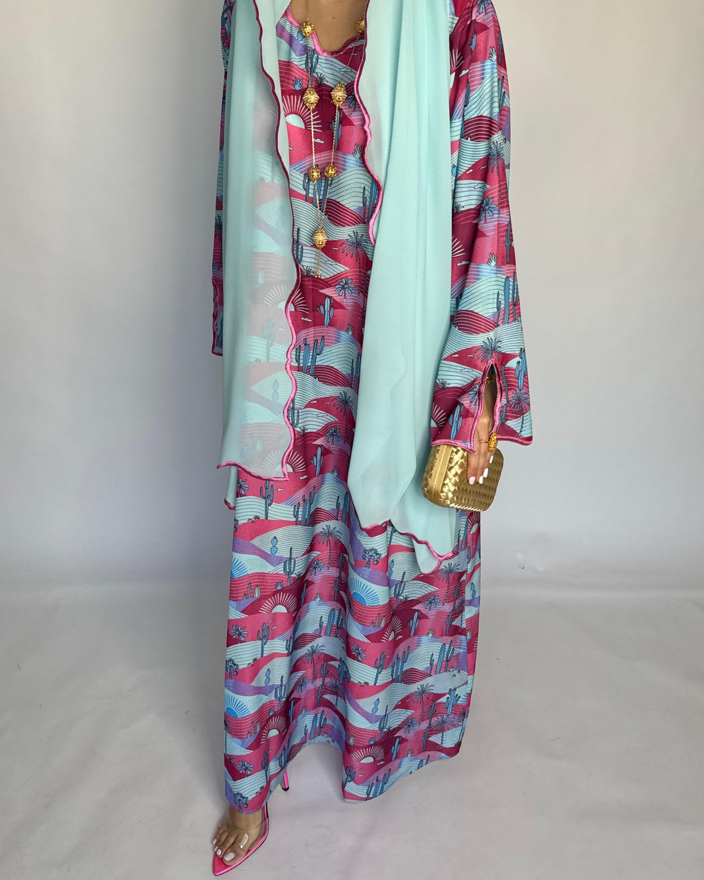 A326 -  Baby Blue & Pink Cactus Pattern Jalabiya and Head Scarf