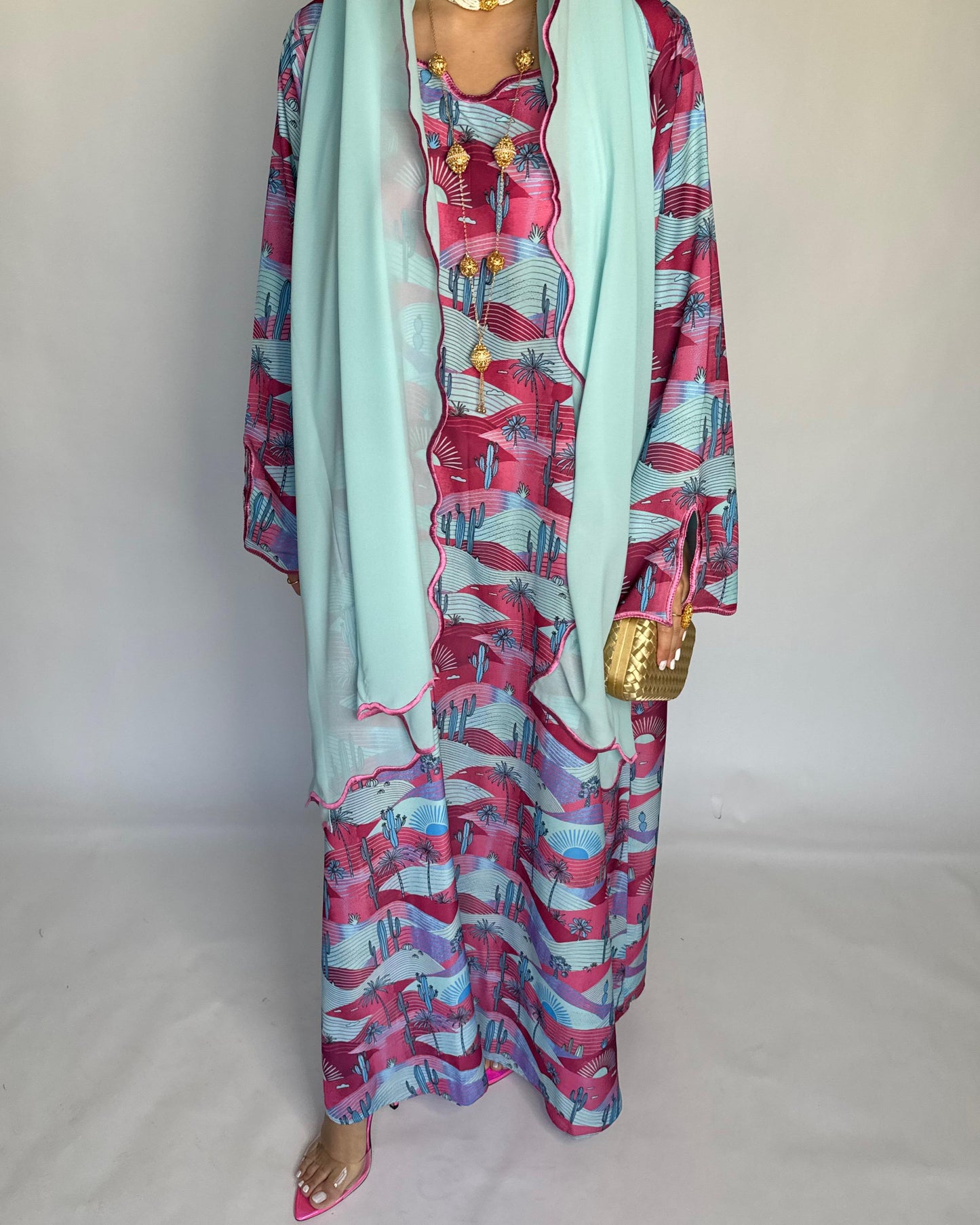A326 -  Baby Blue & Pink Cactus Pattern Jalabiya and Head Scarf