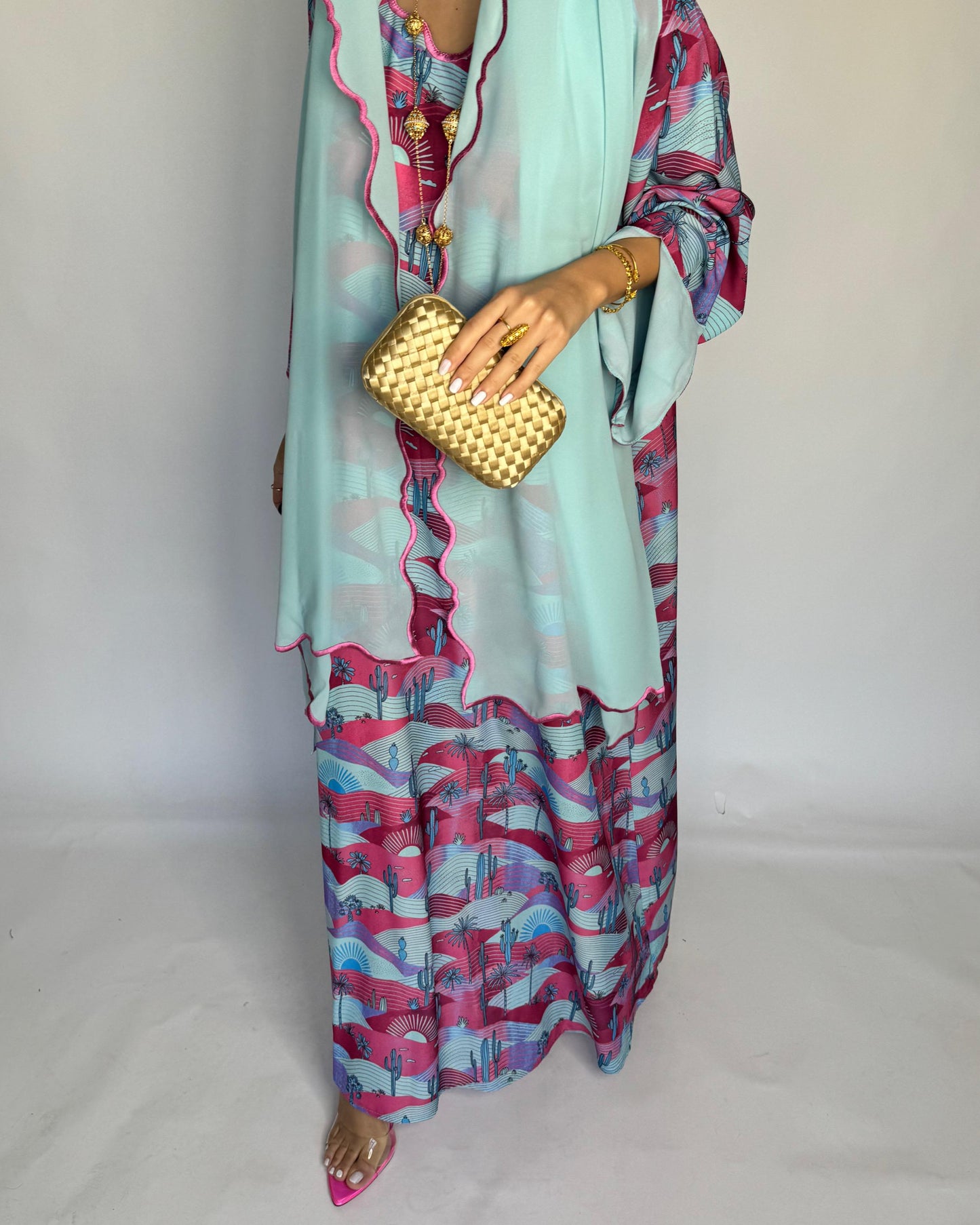 A326 -  Baby Blue & Pink Cactus Pattern Jalabiya and Head Scarf