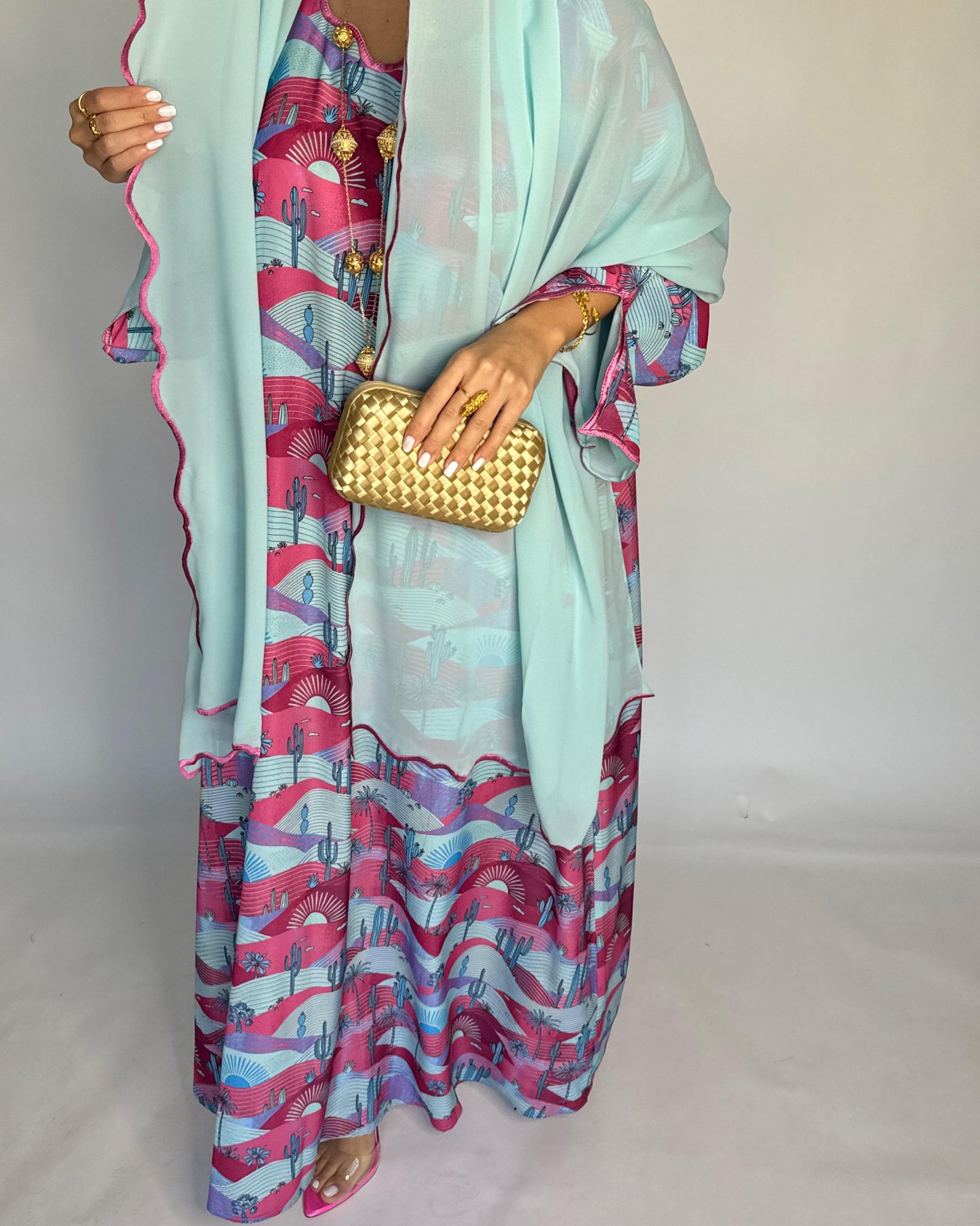 A326 -  Baby Blue & Pink Cactus Pattern Jalabiya and Head Scarf