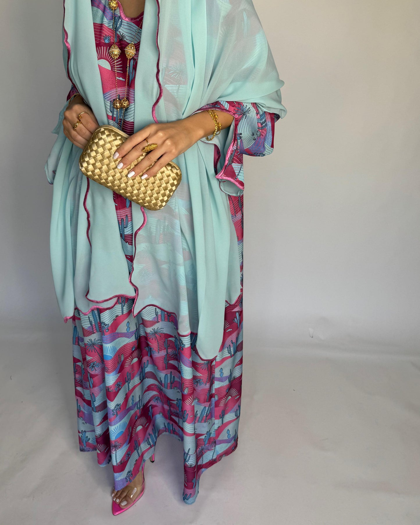 A326 -  Baby Blue & Pink Cactus Pattern Jalabiya and Head Scarf