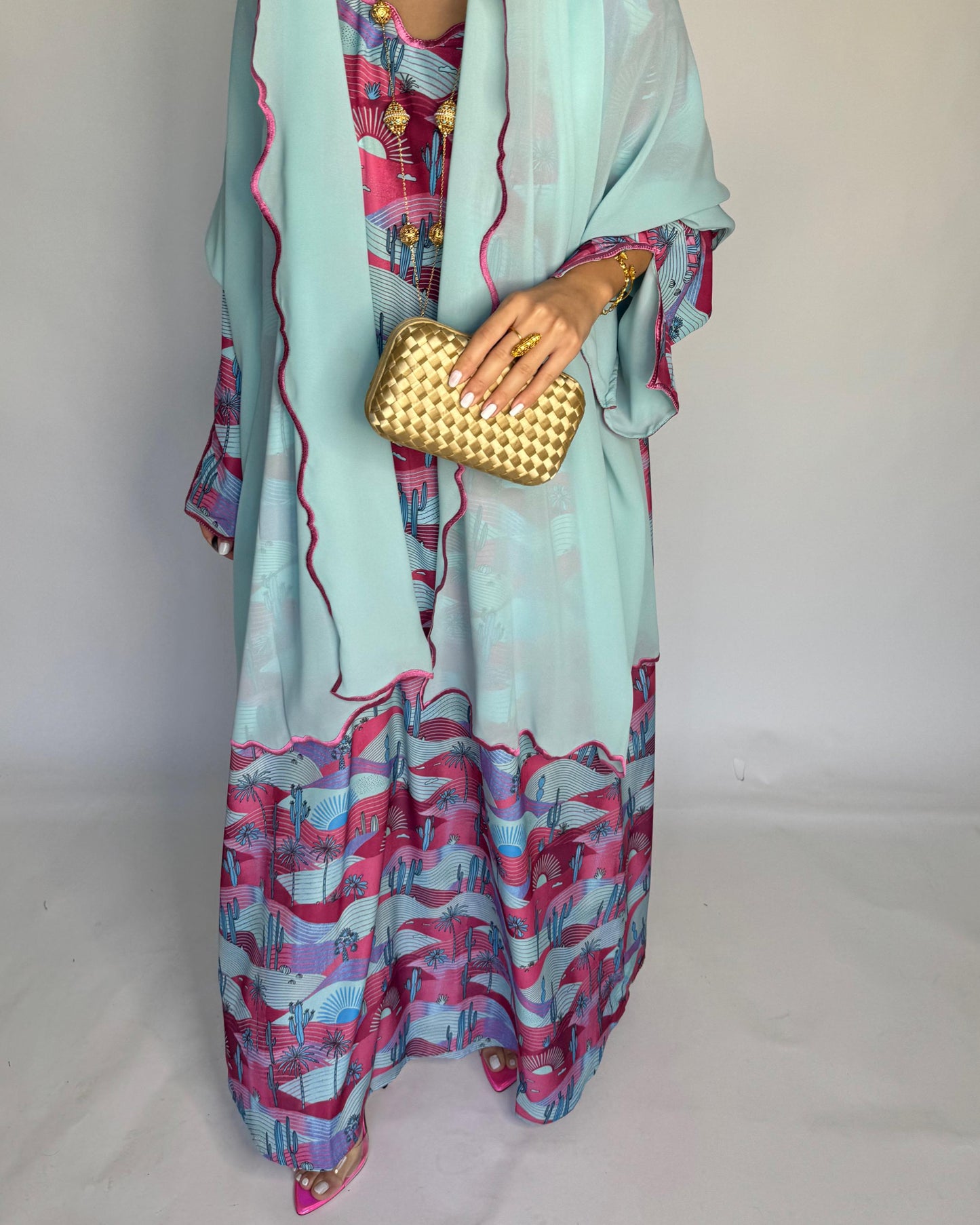 A326 -  Baby Blue & Pink Cactus Pattern Jalabiya and Head Scarf
