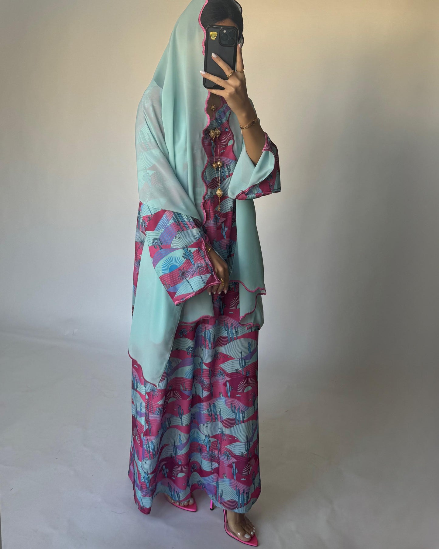 A326 -  Baby Blue & Pink Cactus Pattern Jalabiya and Head Scarf