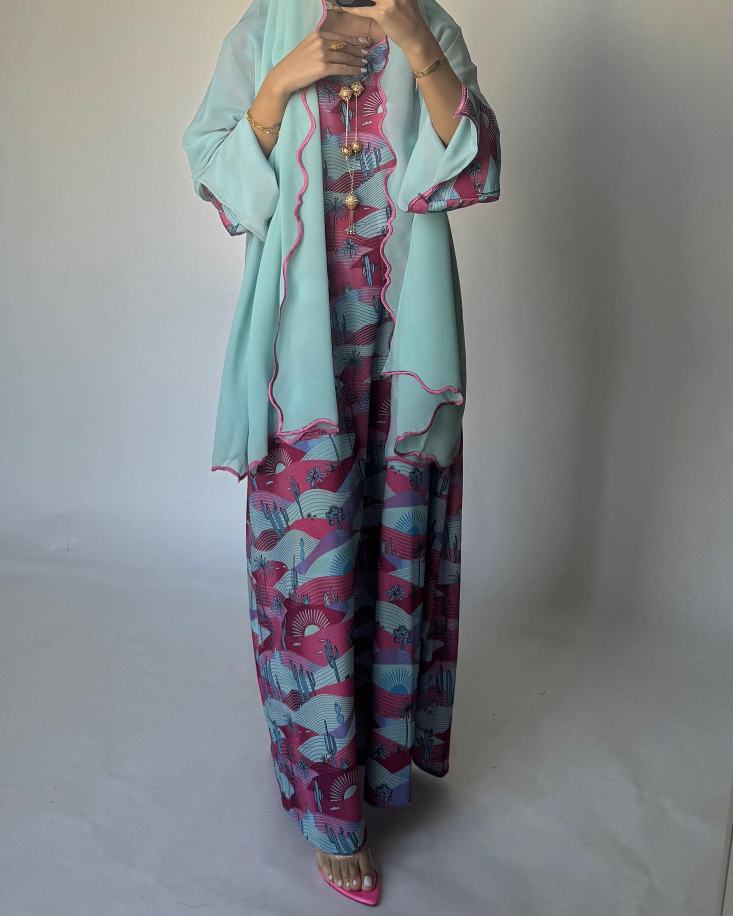 A326 -  Baby Blue & Pink Cactus Pattern Jalabiya and Head Scarf