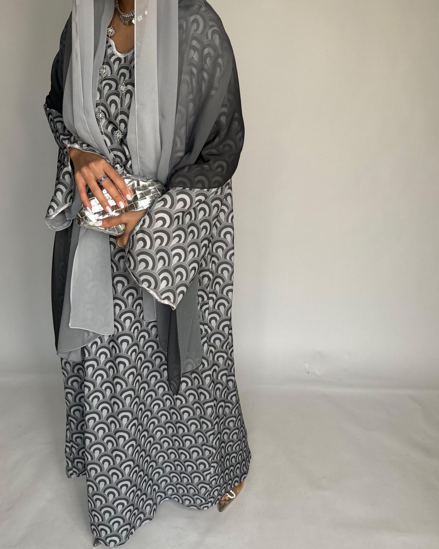 A334 -  Shades of Grey Pattern Jalabiya and Ombre Head Scarf