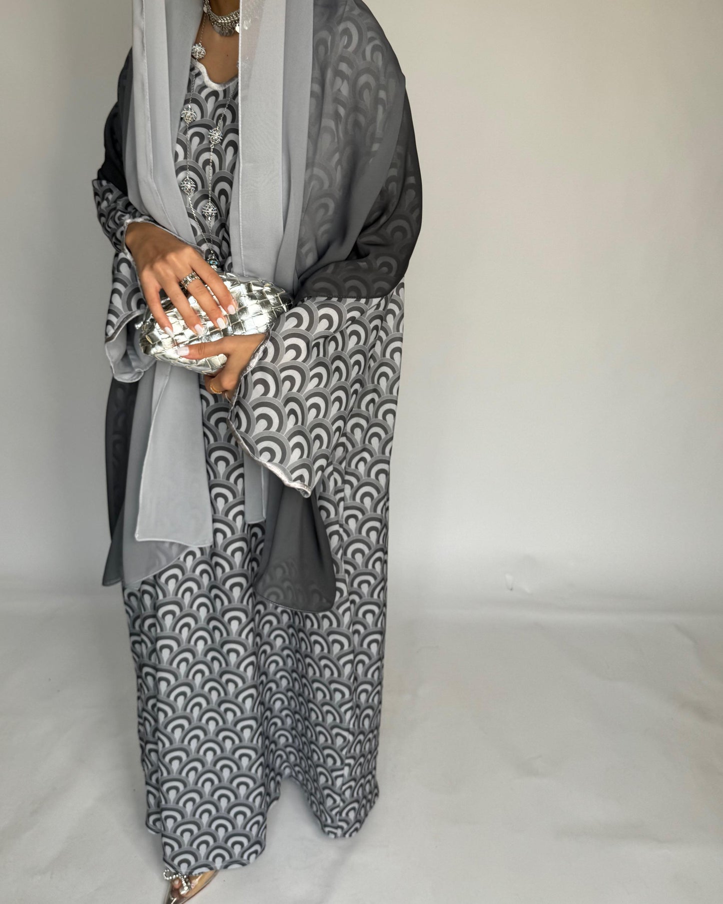 A334 -  Shades of Grey Pattern Jalabiya and Ombre Head Scarf