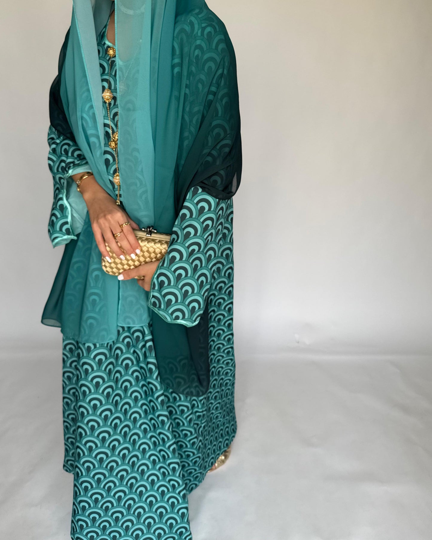 A330 -  Shades of Blue Pattern Jalabiya and Ombre Head Scarf