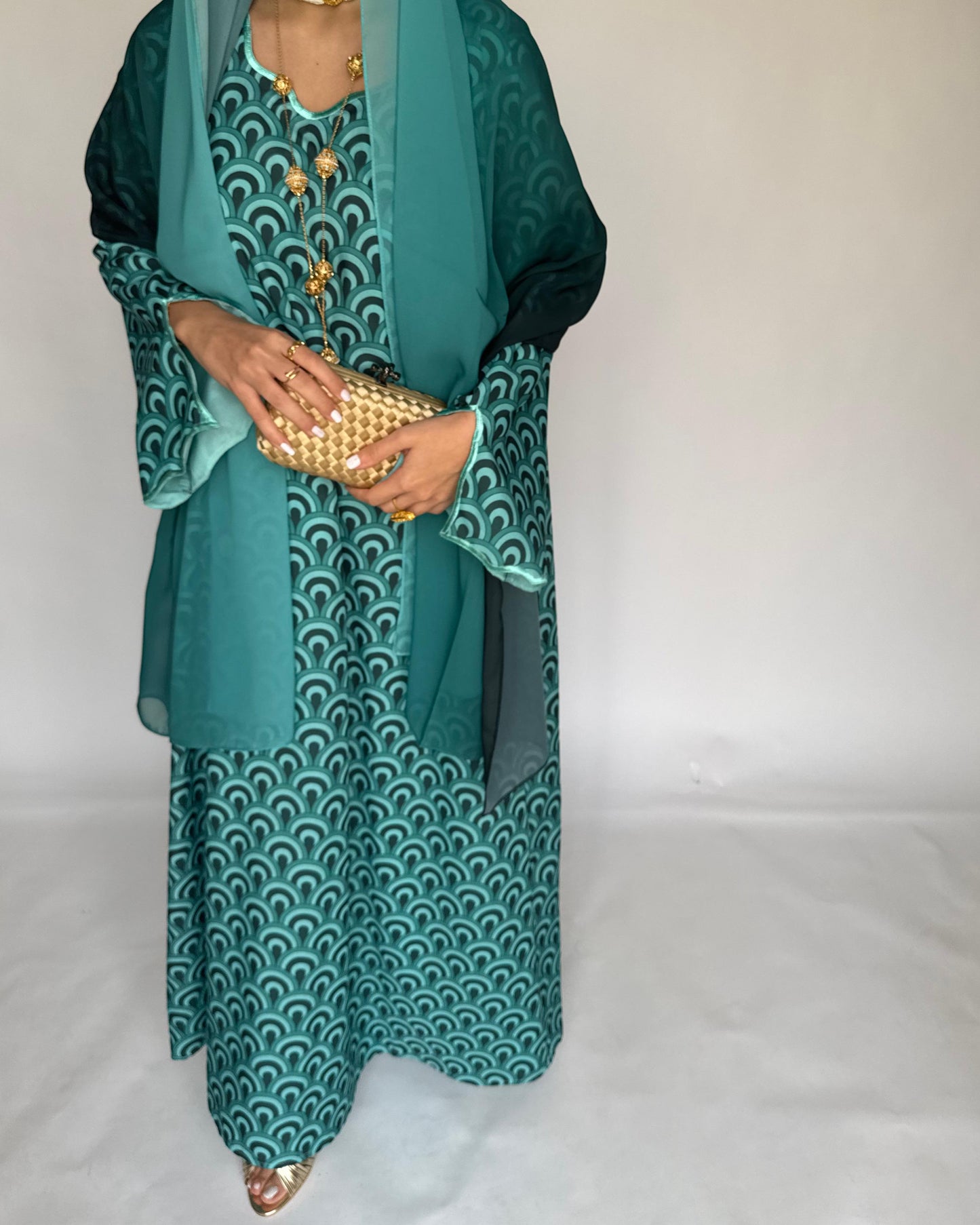 A330 -  Shades of Blue Pattern Jalabiya and Ombre Head Scarf