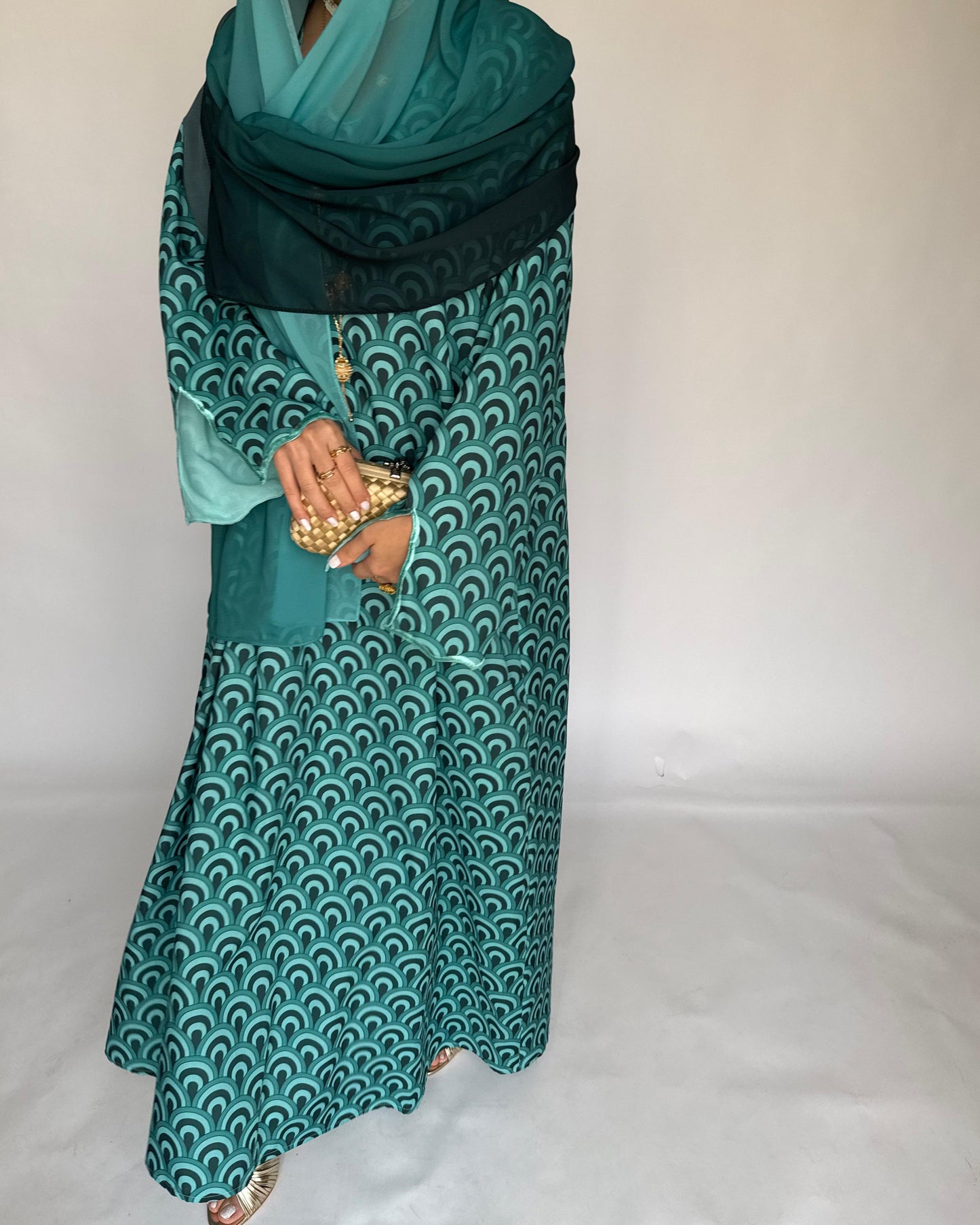 A330 -  Shades of Blue Pattern Jalabiya and Ombre Head Scarf