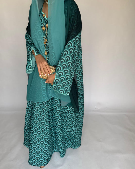 A330 -  Shades of Blue Pattern Jalabiya and Ombre Head Scarf