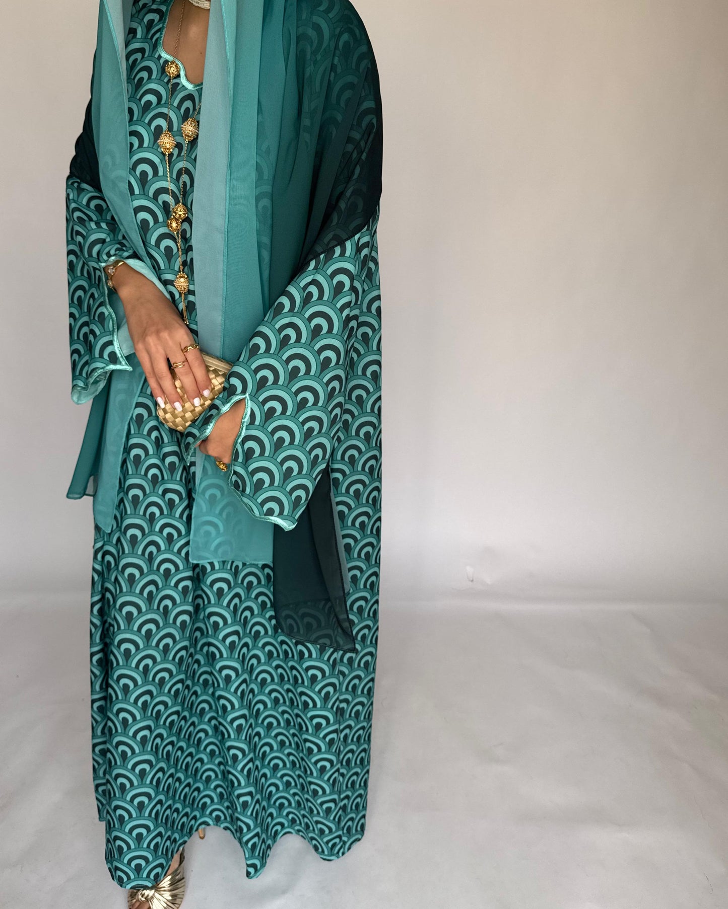 A330 -  Shades of Blue Pattern Jalabiya and Ombre Head Scarf